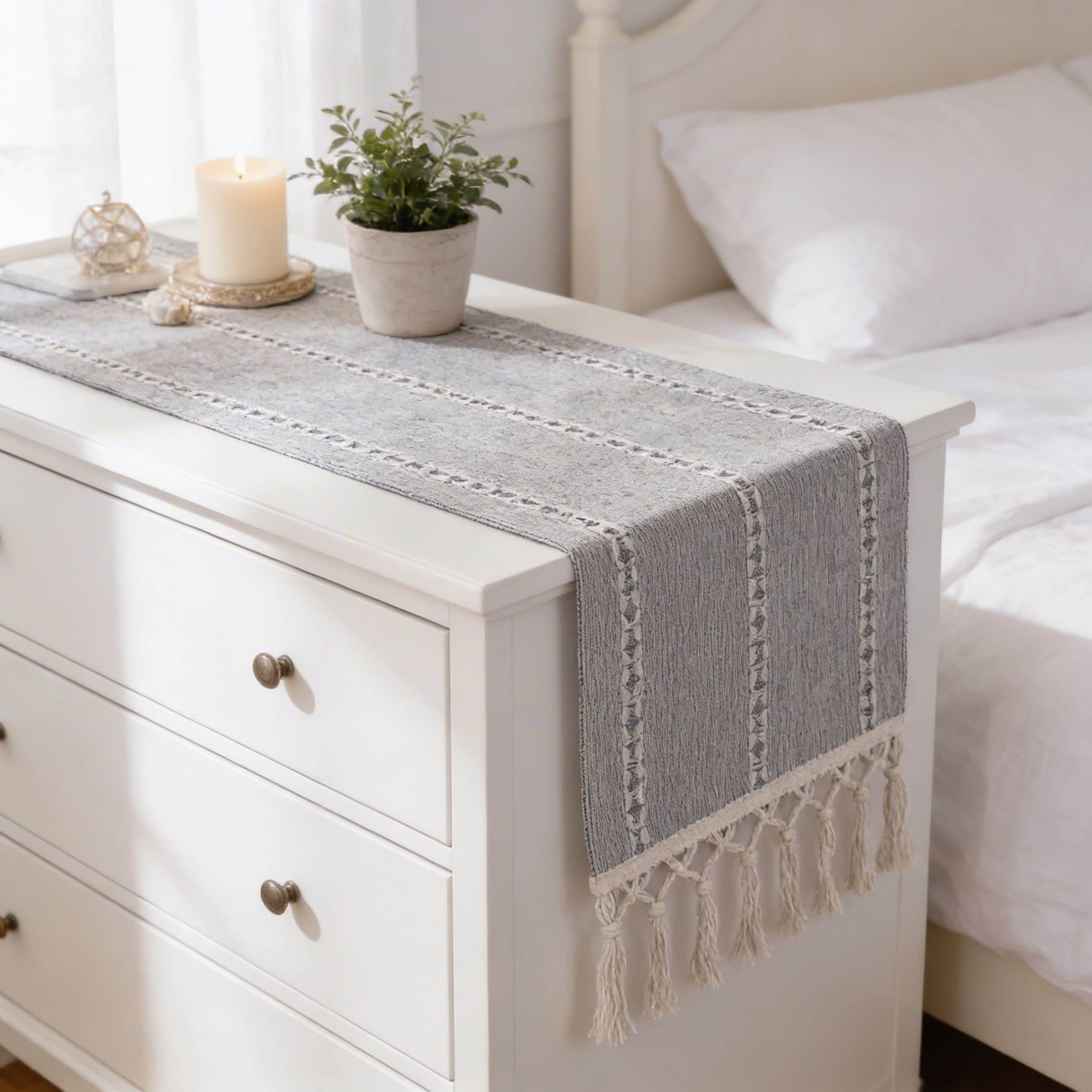 Ivory, Gray Table Runner Cotton Farmhouse Inspired