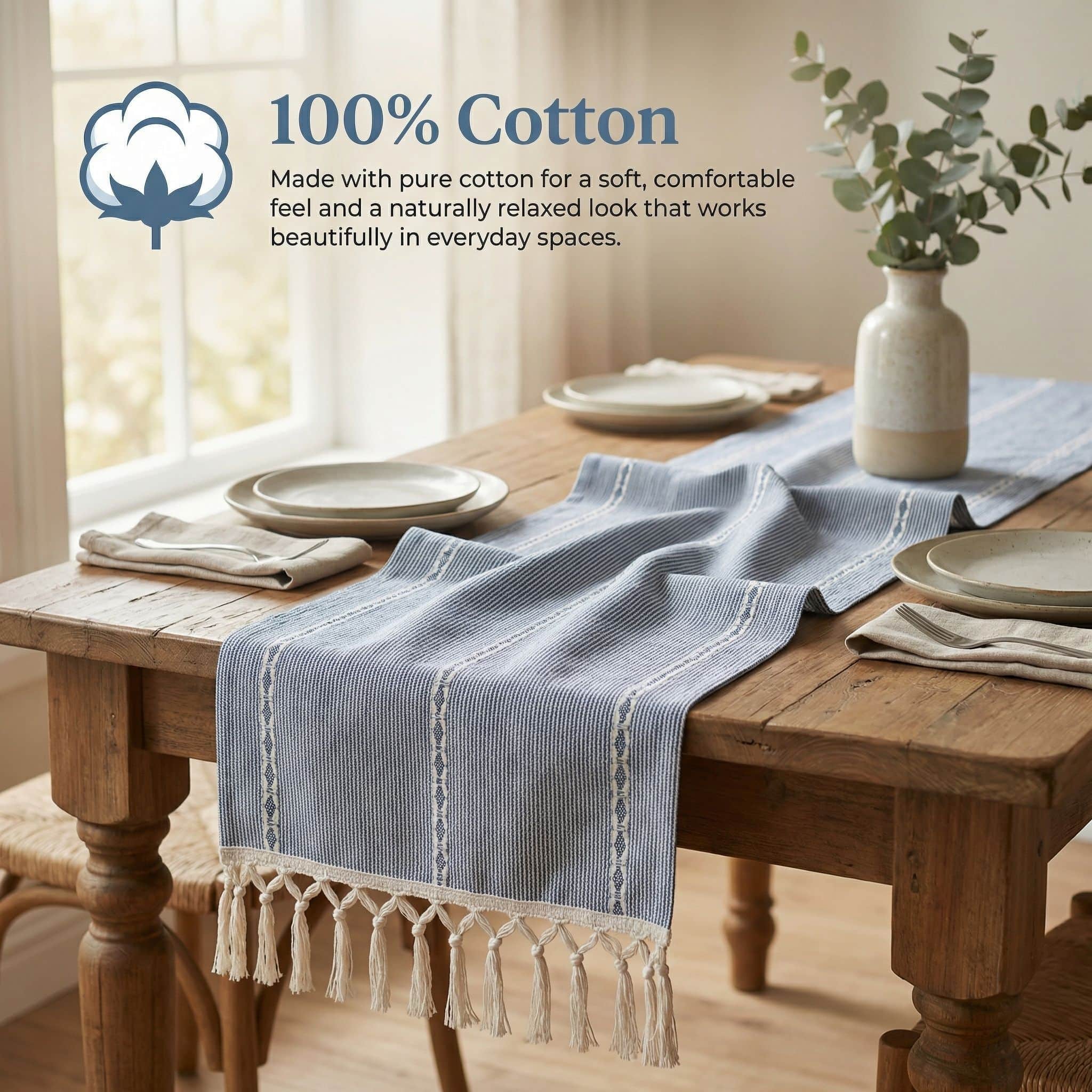 Ivory, Gray Table Runner Cotton Farmhouse Inspired