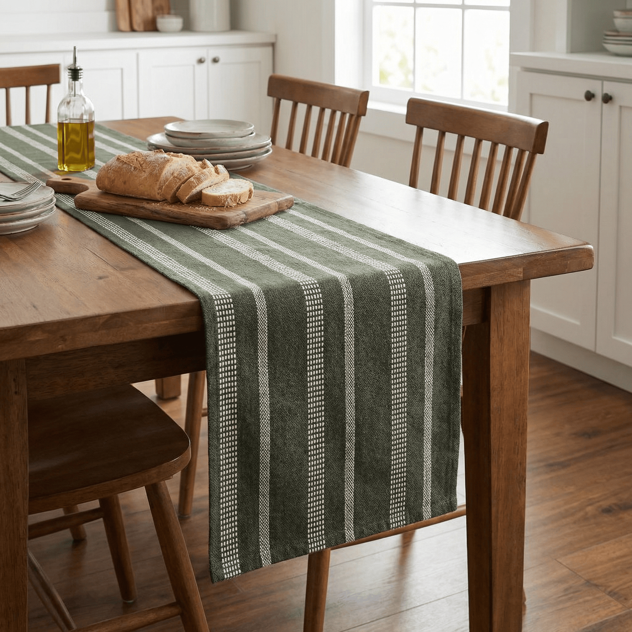 Ivory, Green Table Runner Cotton Farmhouse Inspired