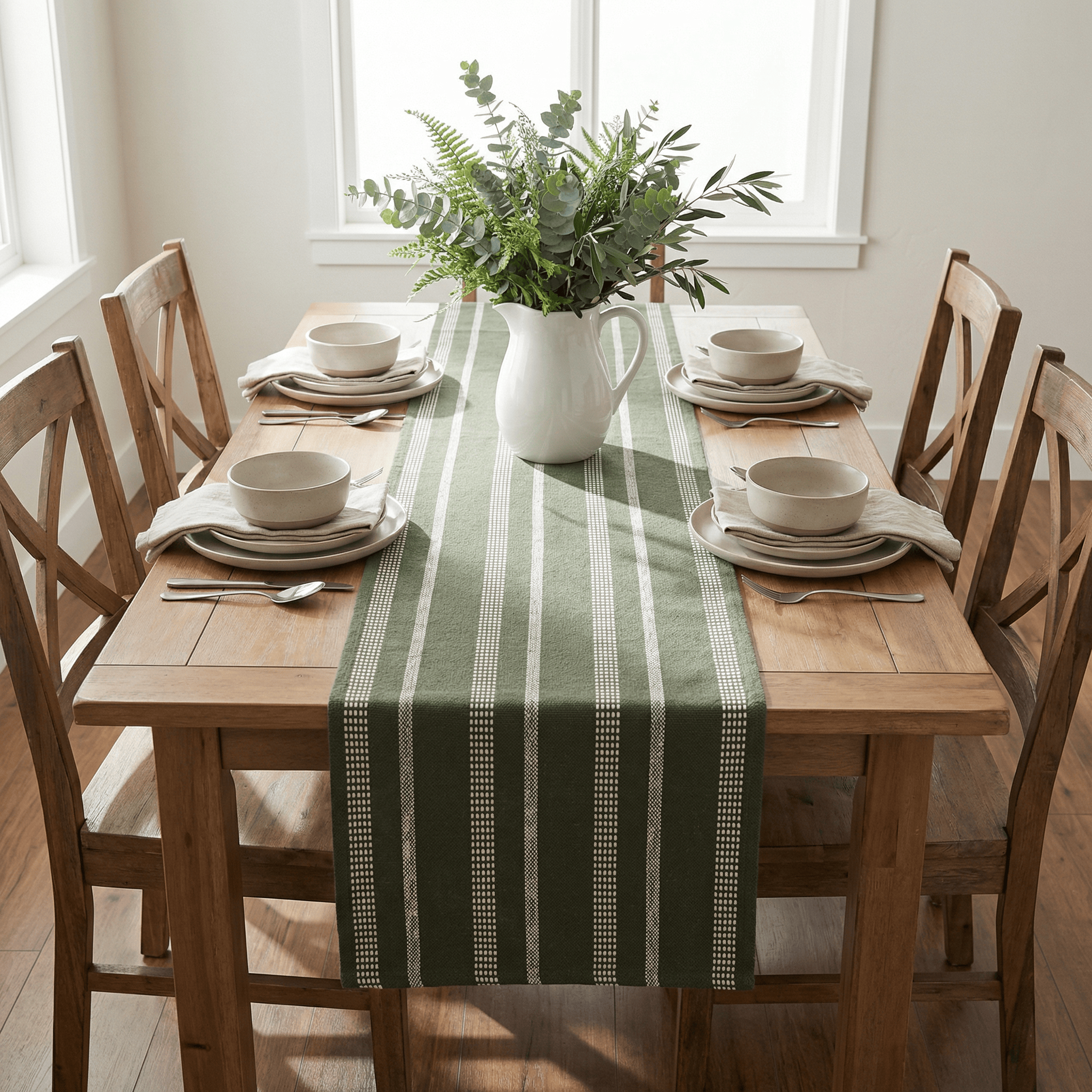 Ivory, Green Table Runner Cotton Farmhouse Inspired