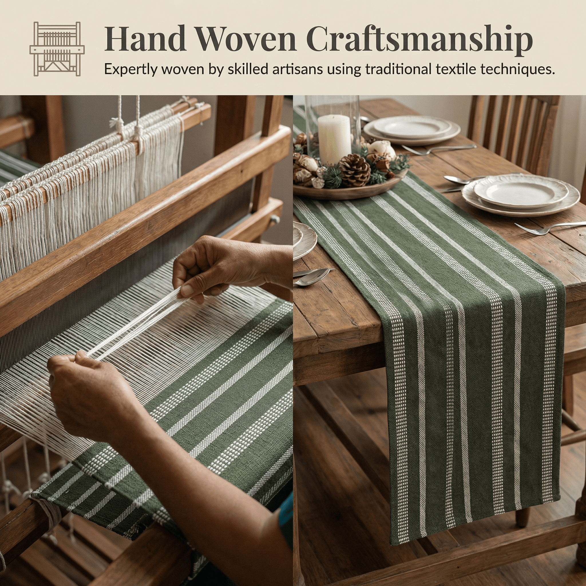 Ivory, Green Table Runner Cotton Farmhouse Inspired