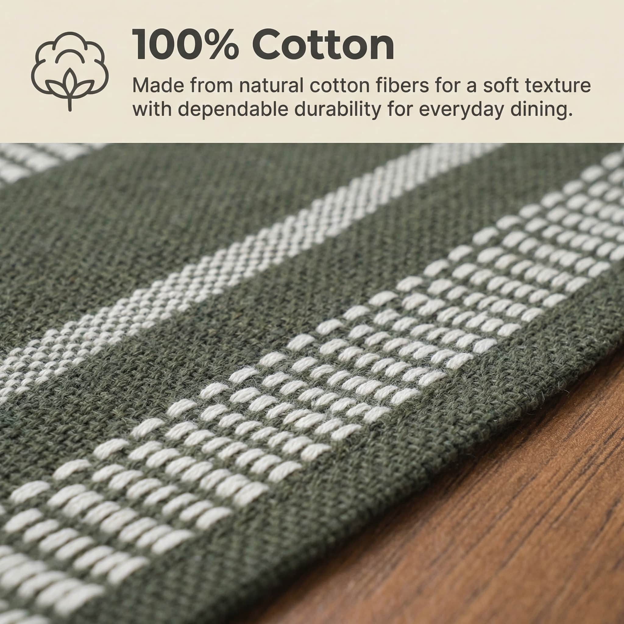 Ivory, Green Table Runner Cotton Farmhouse Inspired