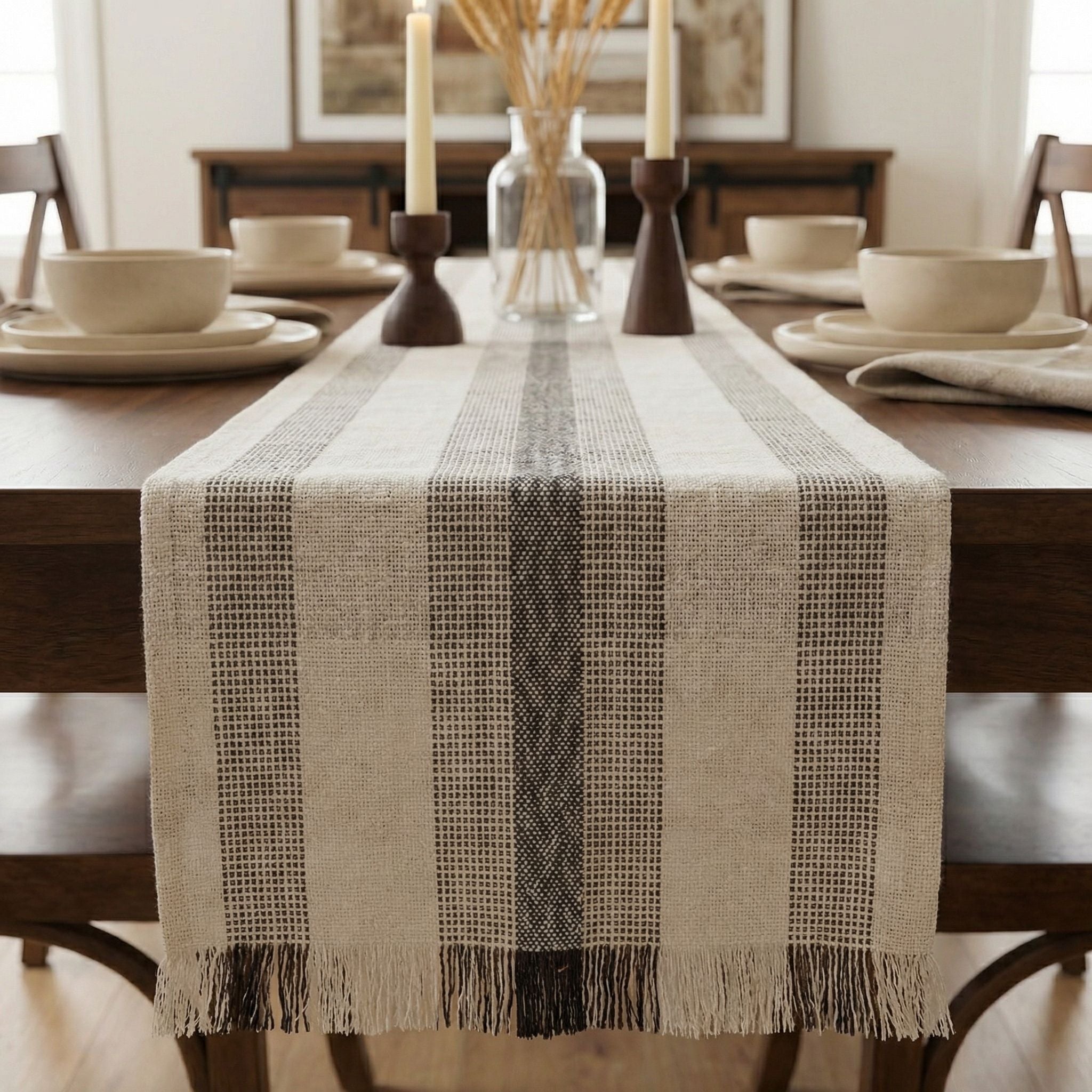 Ivory, Brown Table Runner Cotton Farmhouse Inspired