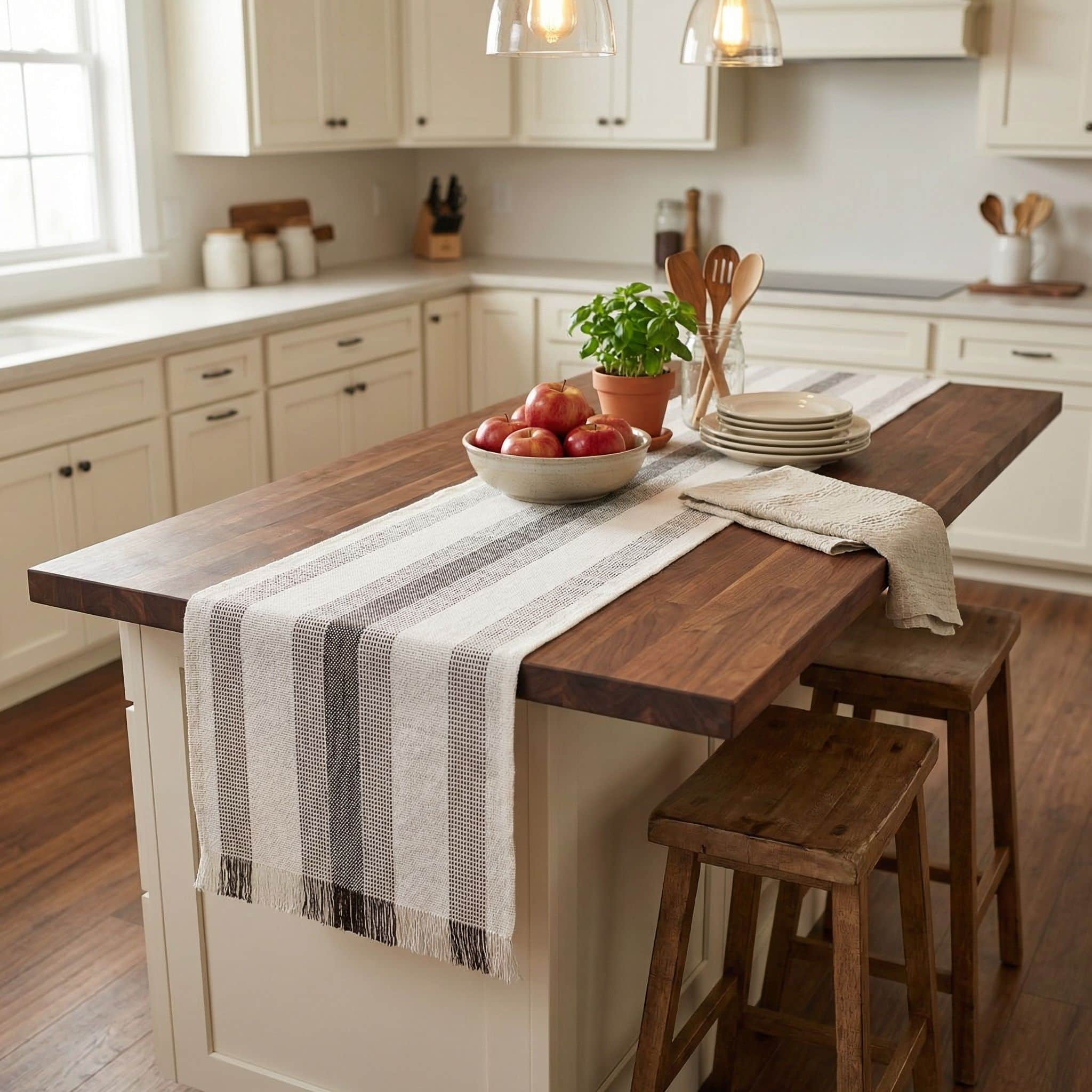 Ivory & Brown Cotton Table Runner – Farmhouse Inspired Washable Dining Runner | 14" x 72"