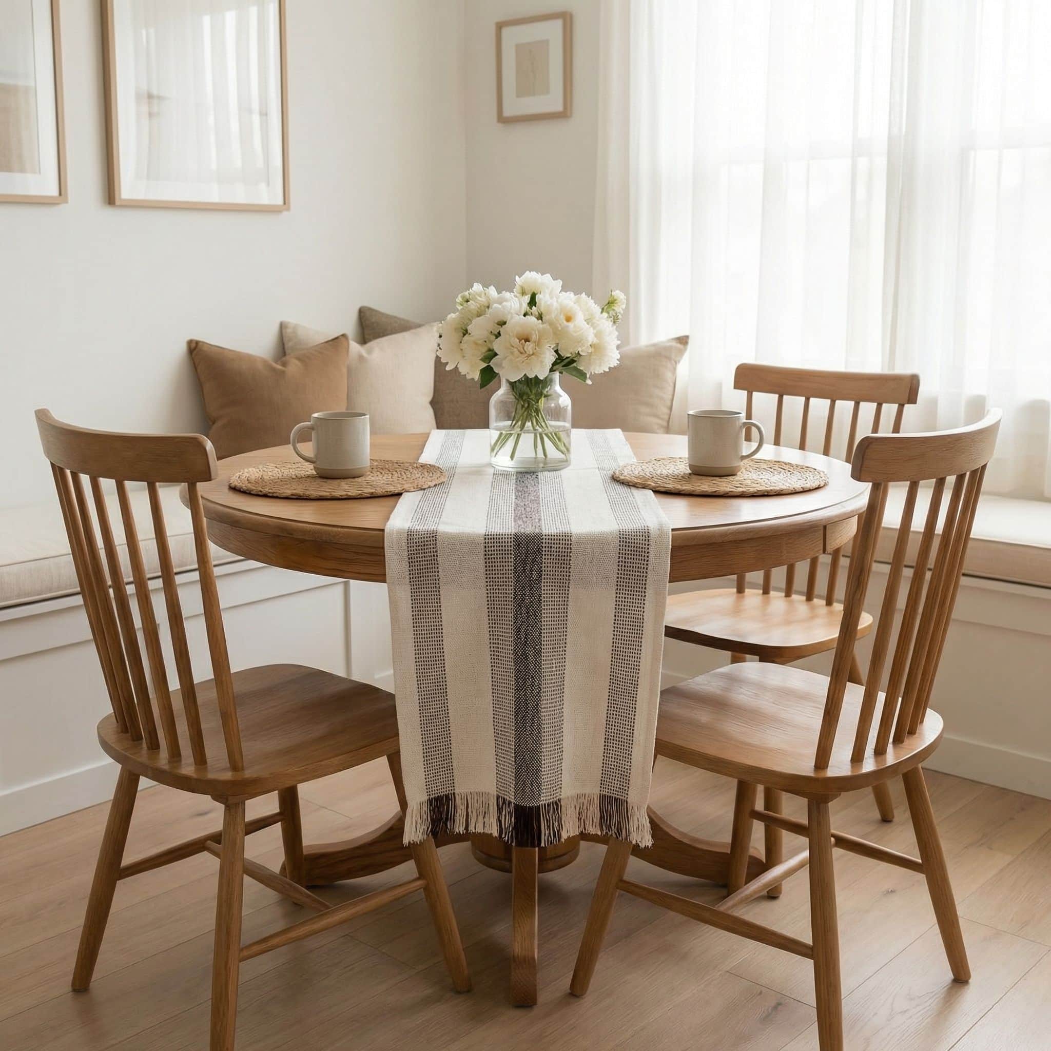 Ivory & Brown Cotton Table Runner – Farmhouse Inspired Washable Dining Runner | 14" x 72"