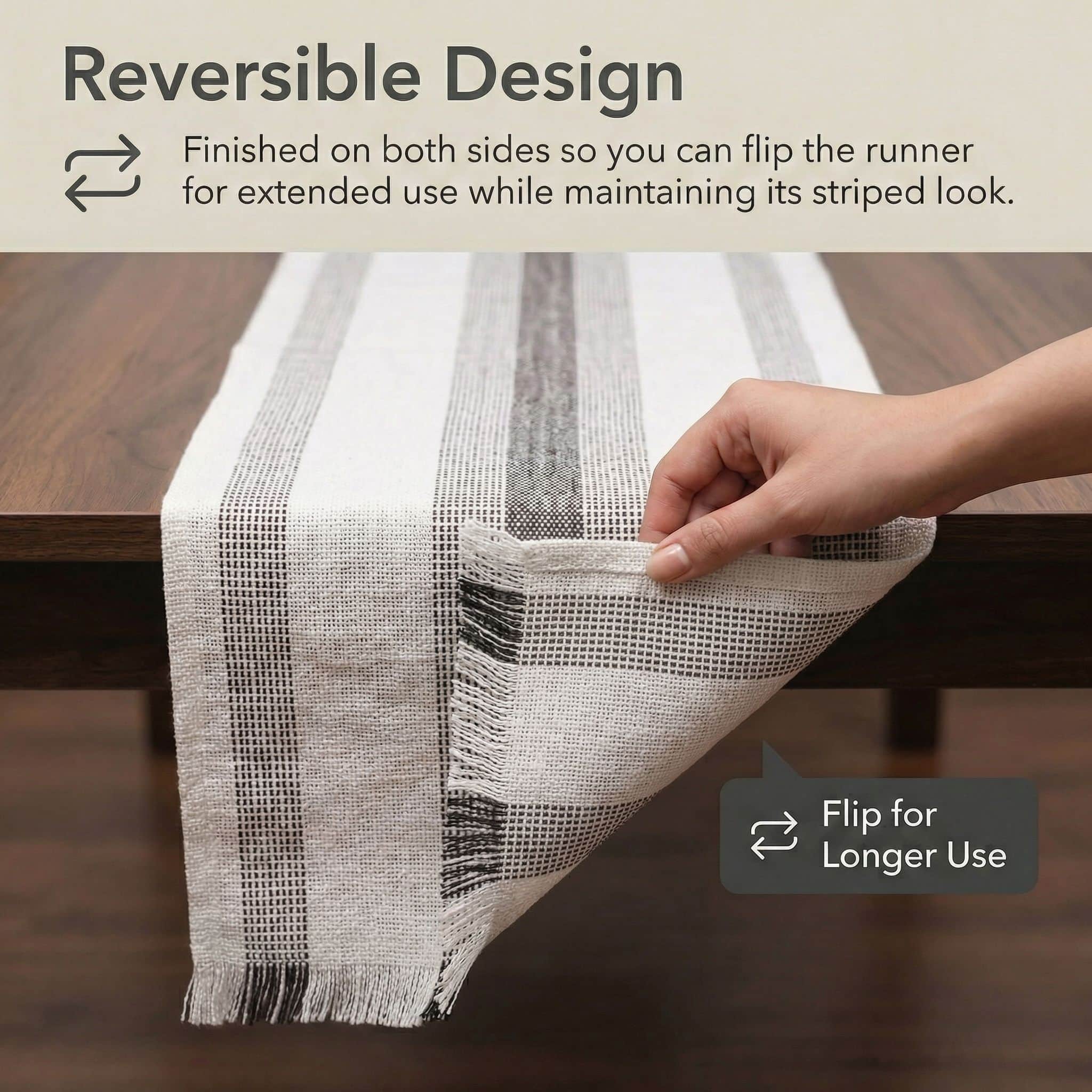 Ivory & Brown Cotton Table Runner – Farmhouse Inspired Washable Dining Runner | 14" x 72"