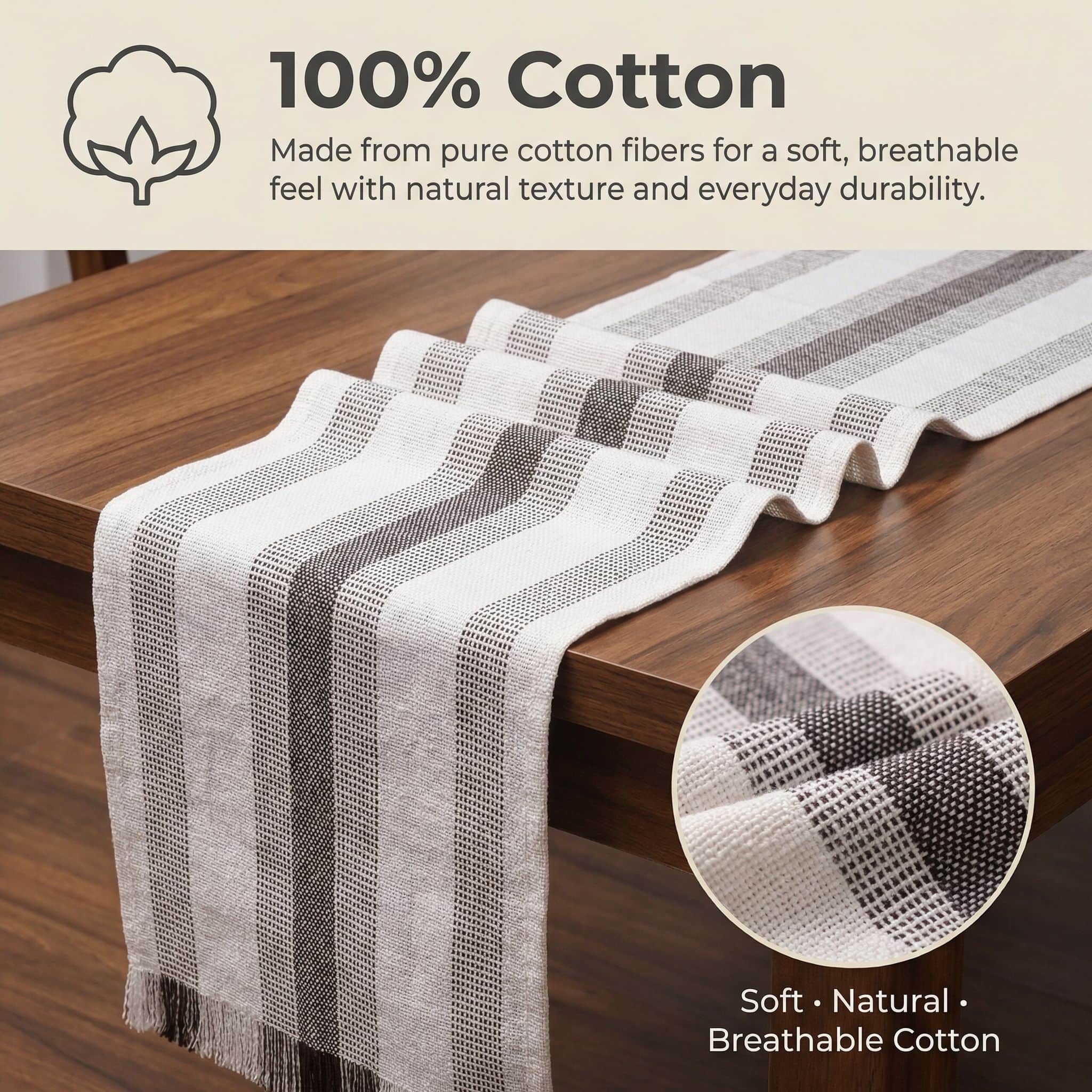 Ivory & Brown Cotton Table Runner – Farmhouse Inspired Washable Dining Runner | 14" x 72"