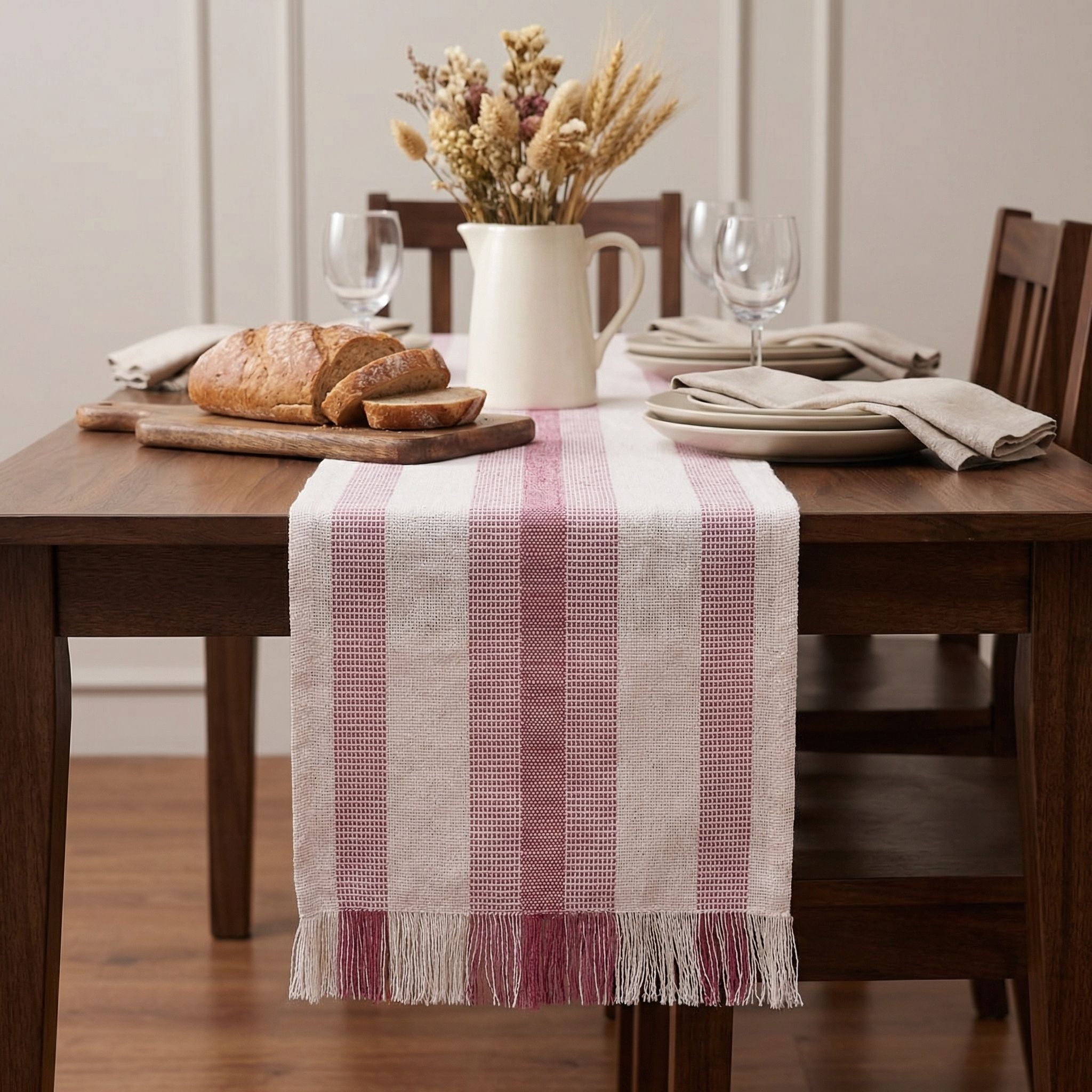 Ivory, Red Table Runner Cotton Farmhouse Inspired