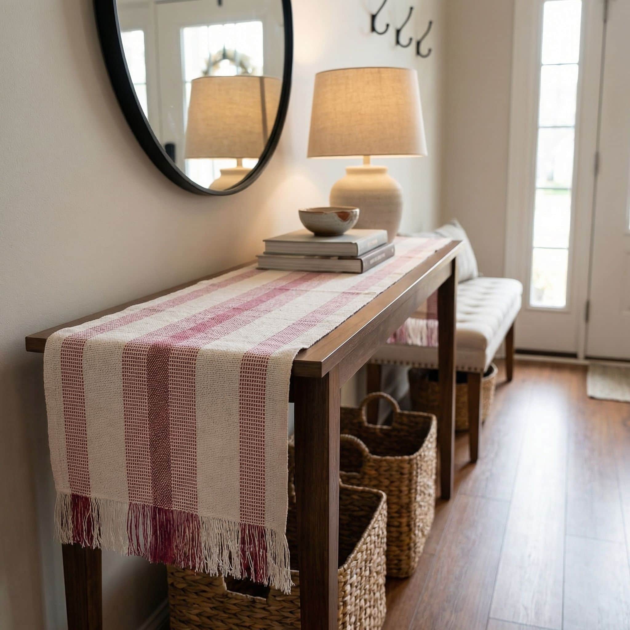 Ivory & Red Cotton Table Runner – Farmhouse Inspired Washable Dining Runner | 14" x 72"