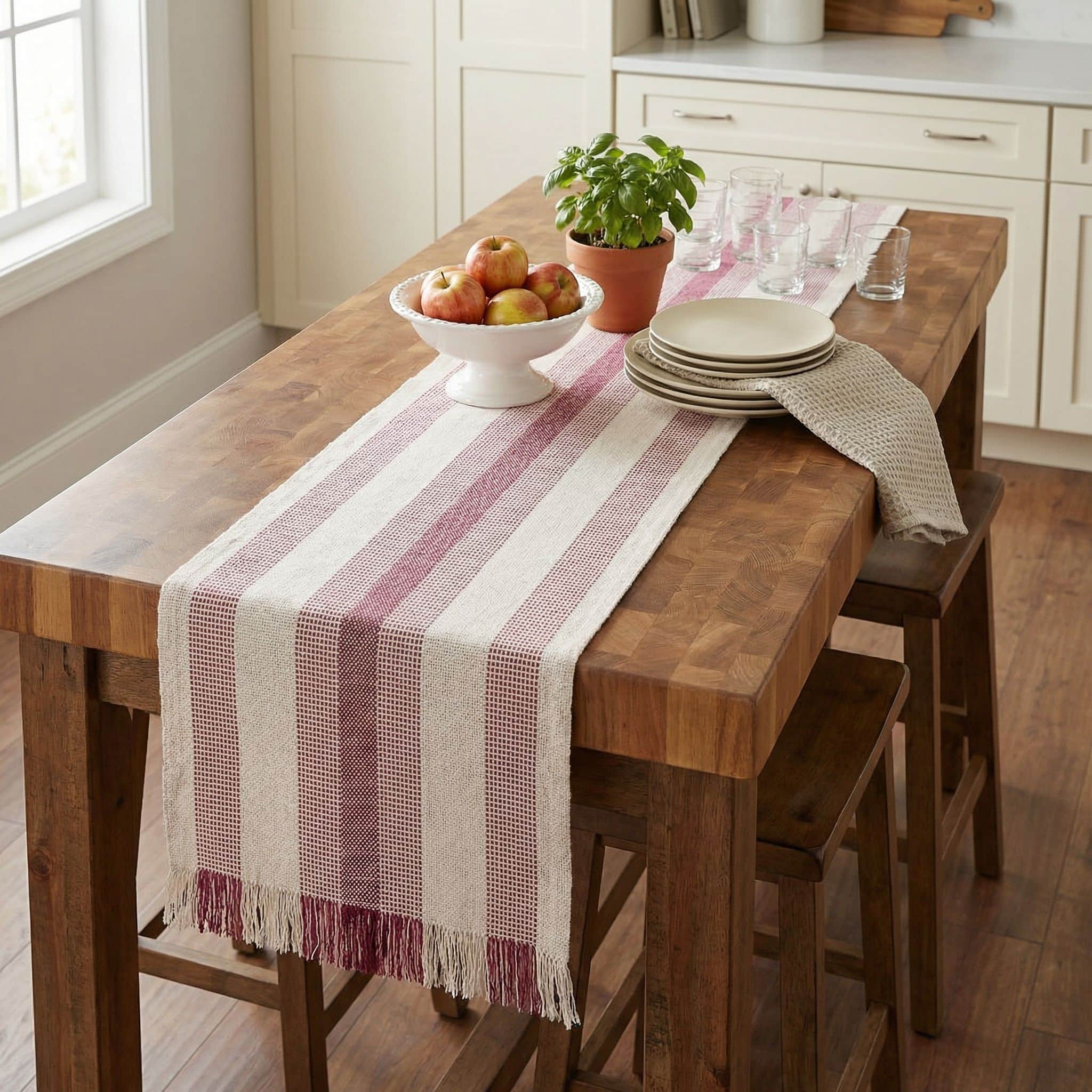 Ivory & Red Cotton Table Runner – Farmhouse Inspired Washable Dining Runner | 14" x 72"