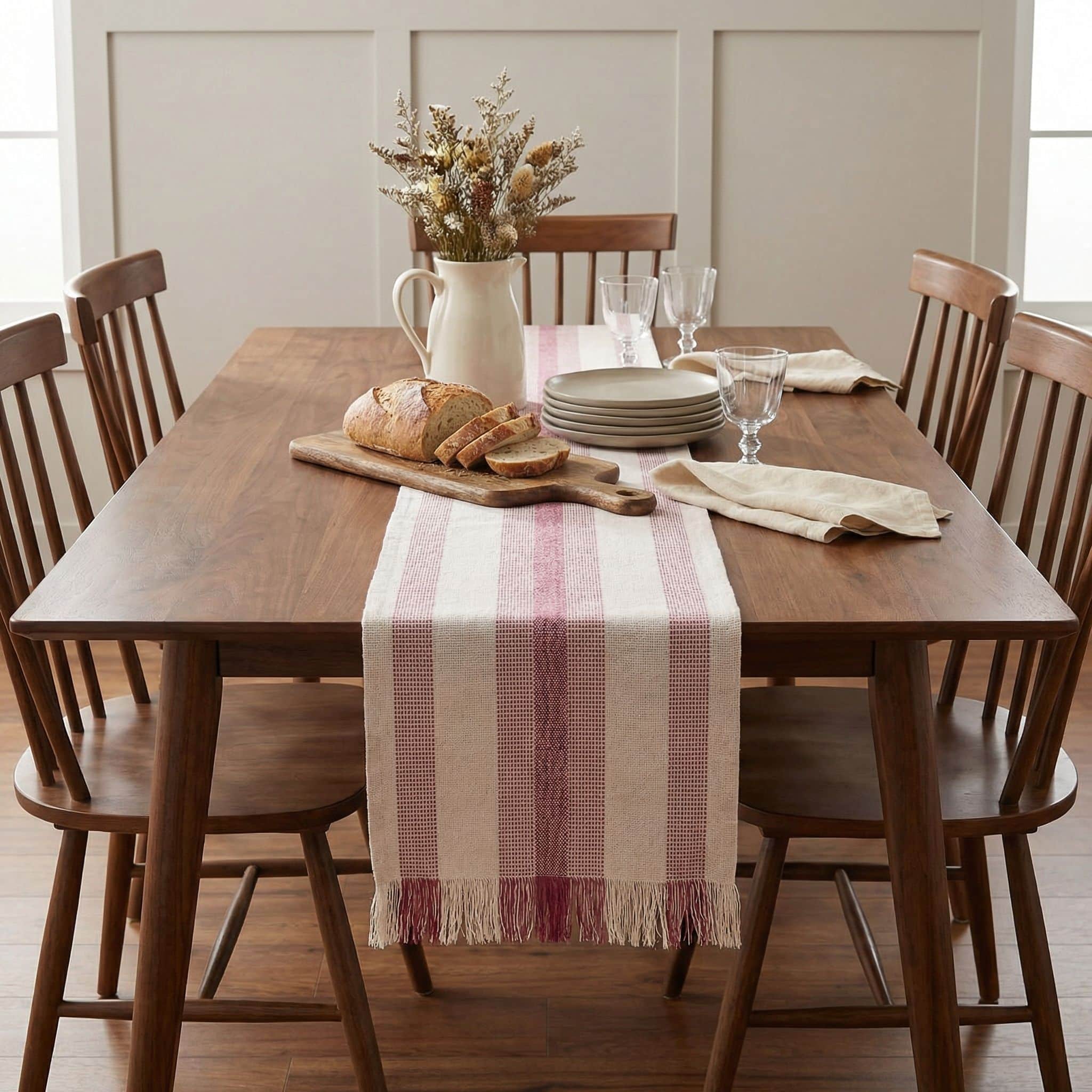 Ivory & Red Cotton Table Runner – Farmhouse Inspired Washable Dining Runner | 14" x 72"