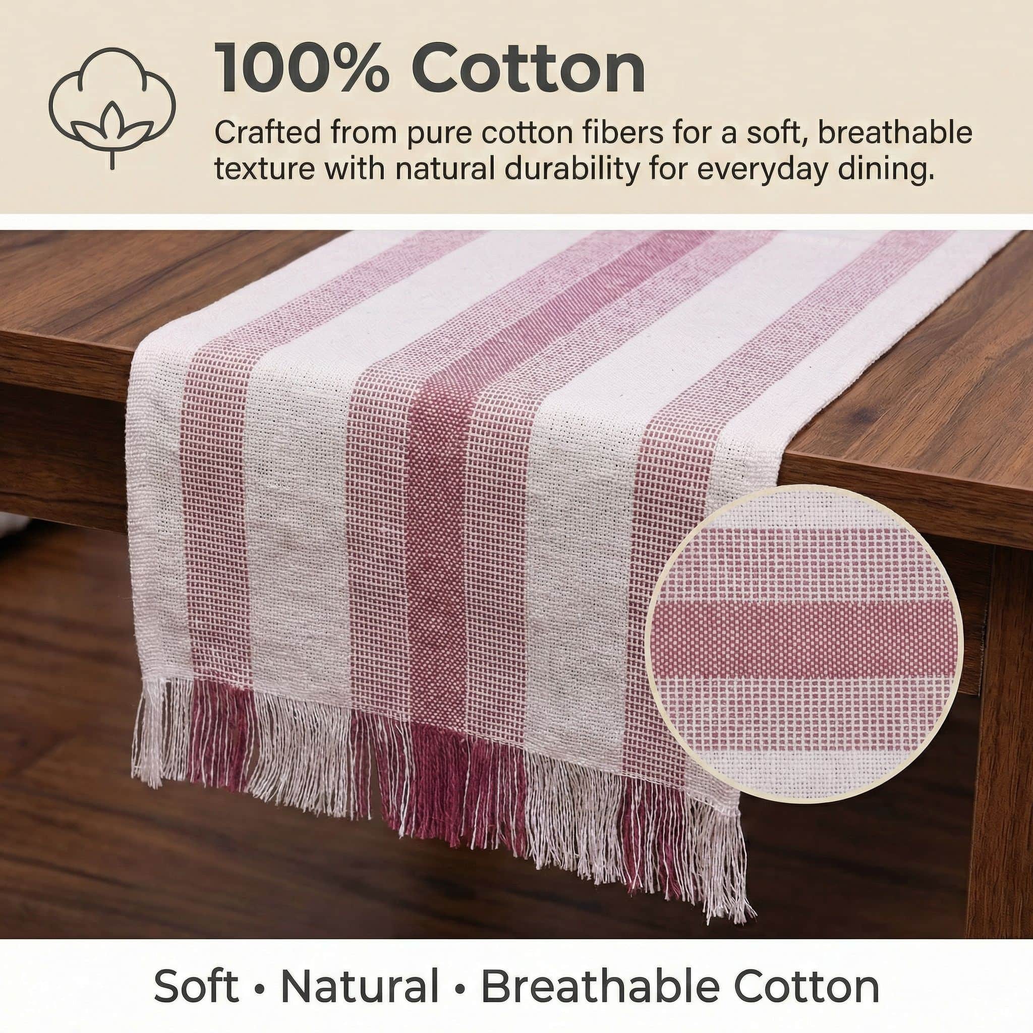 Ivory & Red Cotton Table Runner – Farmhouse Inspired Washable Dining Runner | 14" x 72"