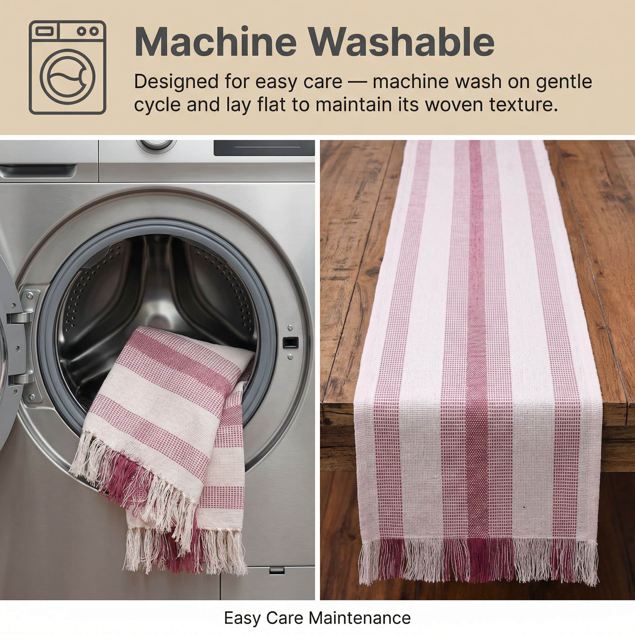 Ivory & Red Cotton Table Runner – Farmhouse Inspired Washable Dining Runner | 14" x 72"
