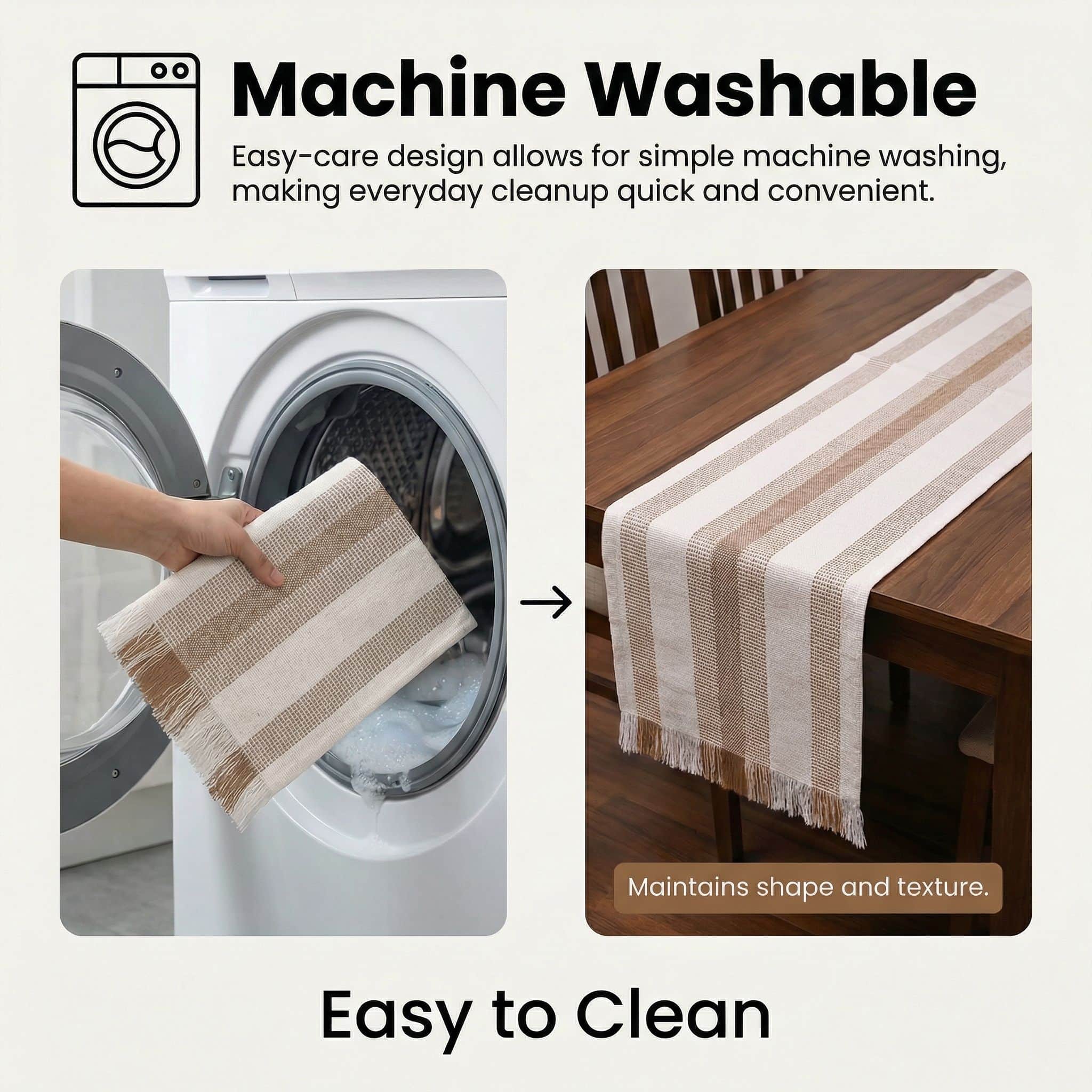 Ivory & Beige Cotton Table Runner – Farmhouse Inspired Washable Dining Runner | 14" x 72"