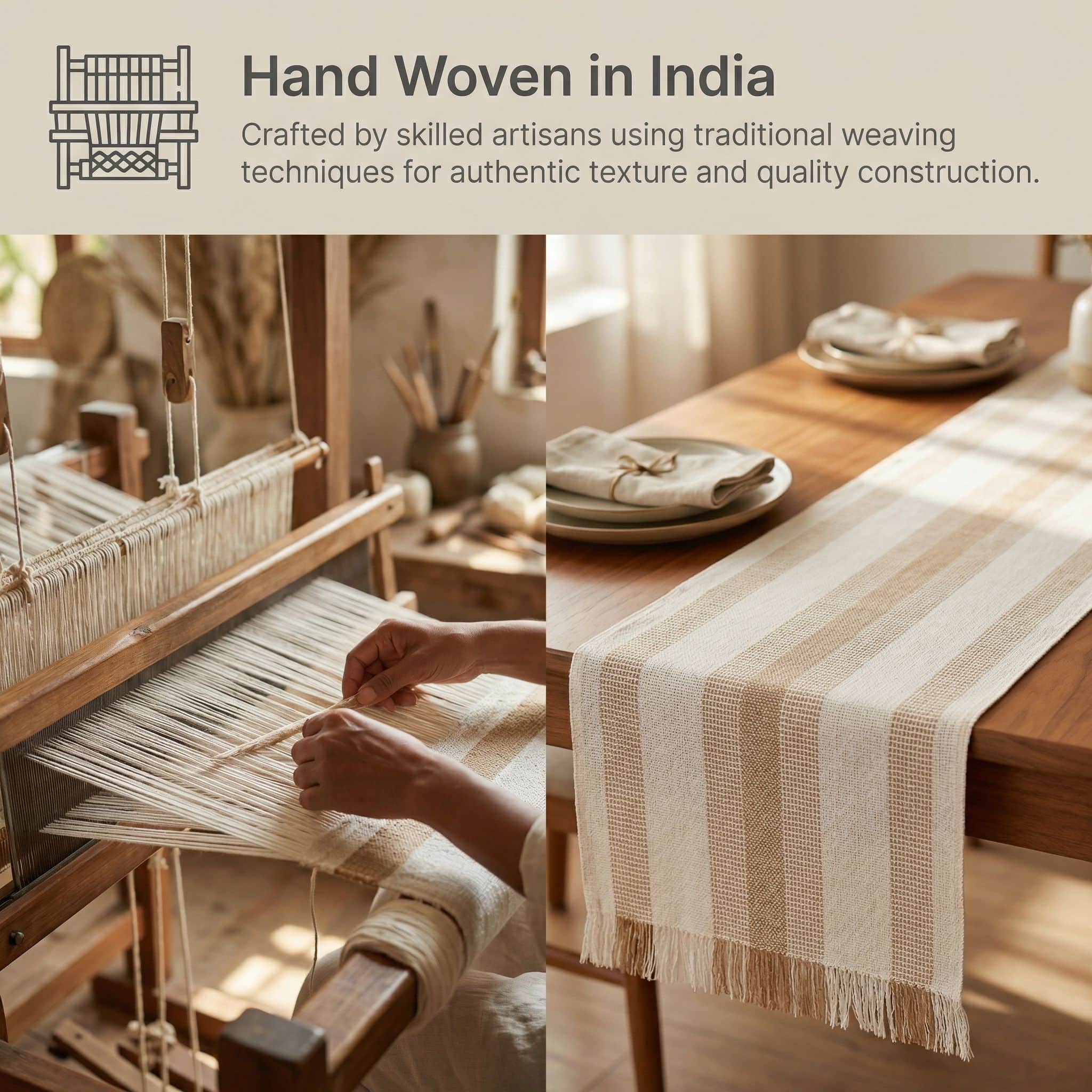 Ivory & Beige Cotton Table Runner – Farmhouse Inspired Washable Dining Runner | 14" x 72"