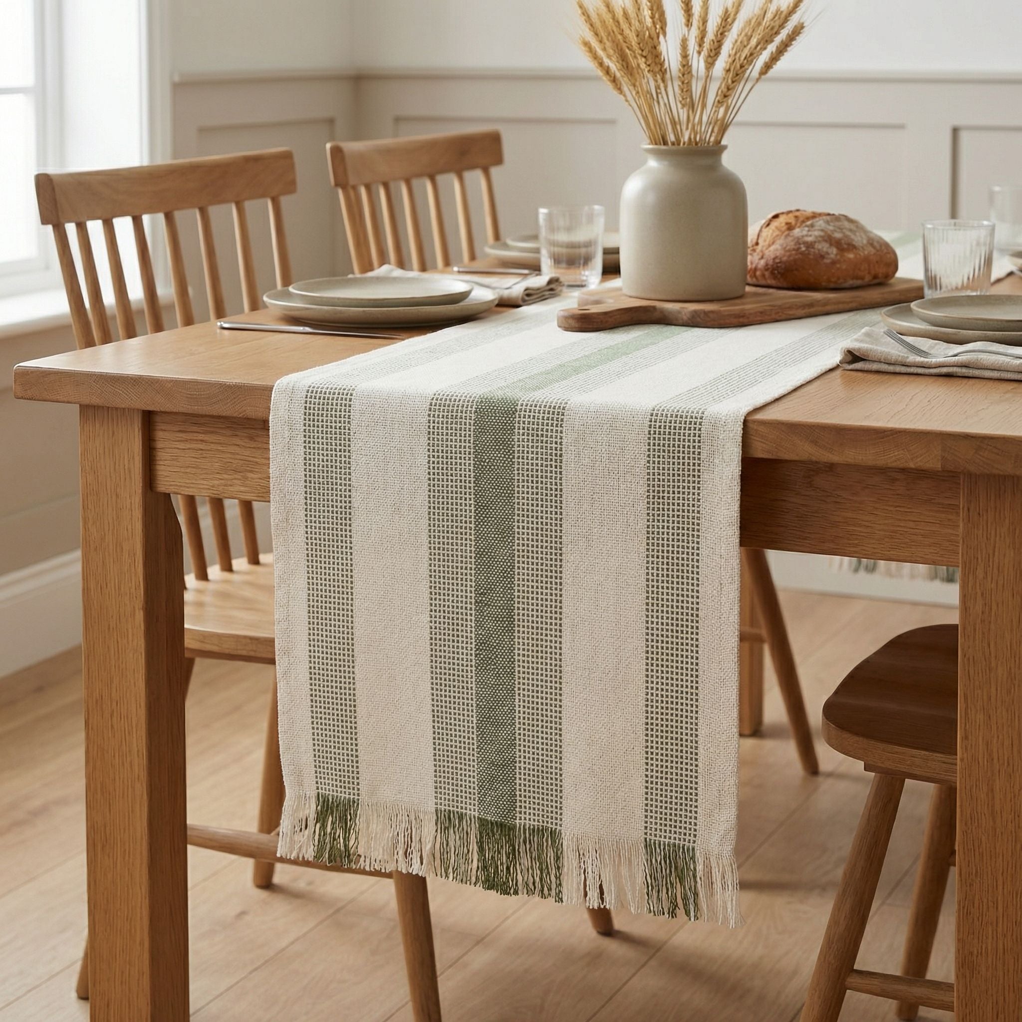 Ivory, Green Table Runner Cotton Farmhouse Inspired