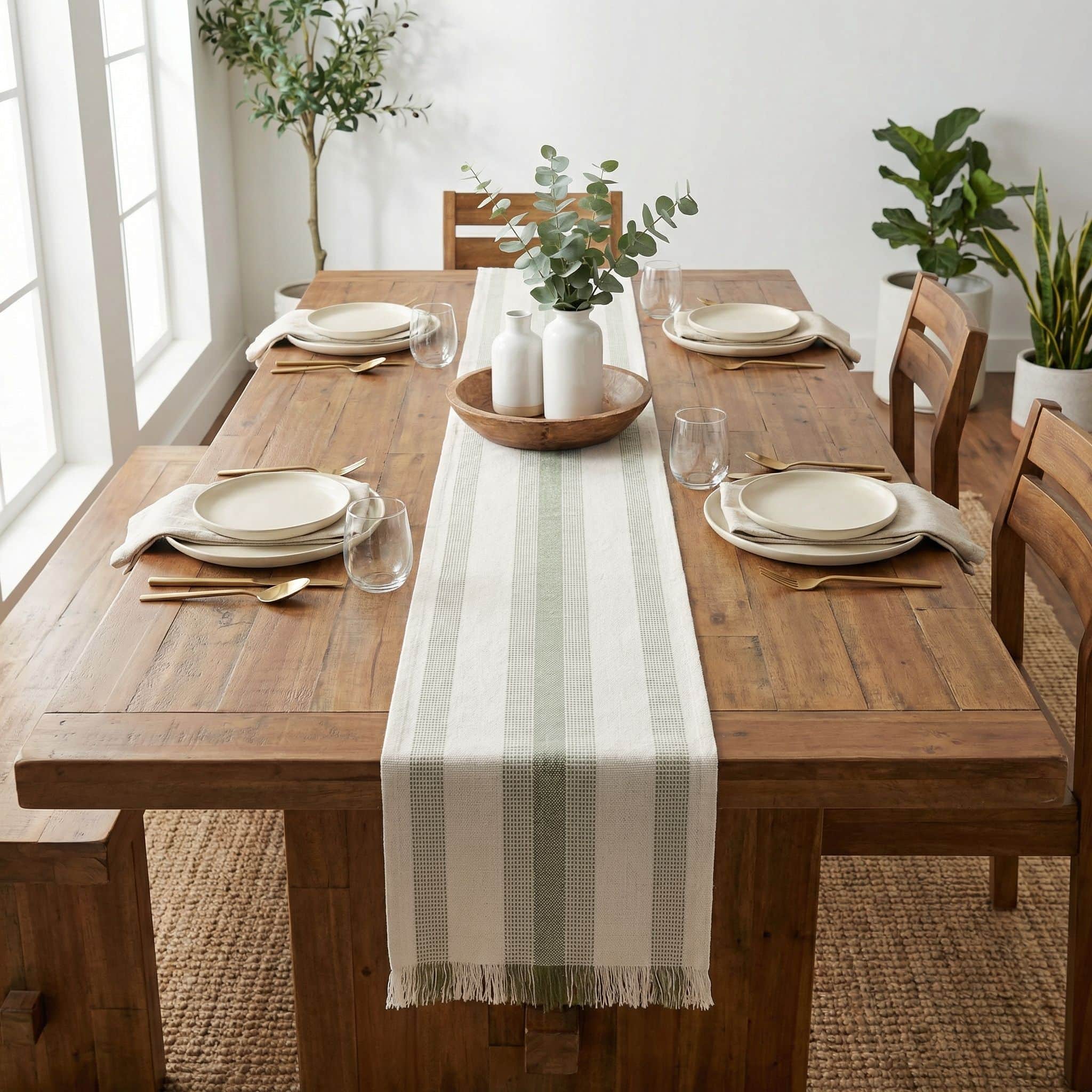 Ivory & Green Cotton Table Runner – Farmhouse Inspired Washable Dining Runner | 14" x 72"