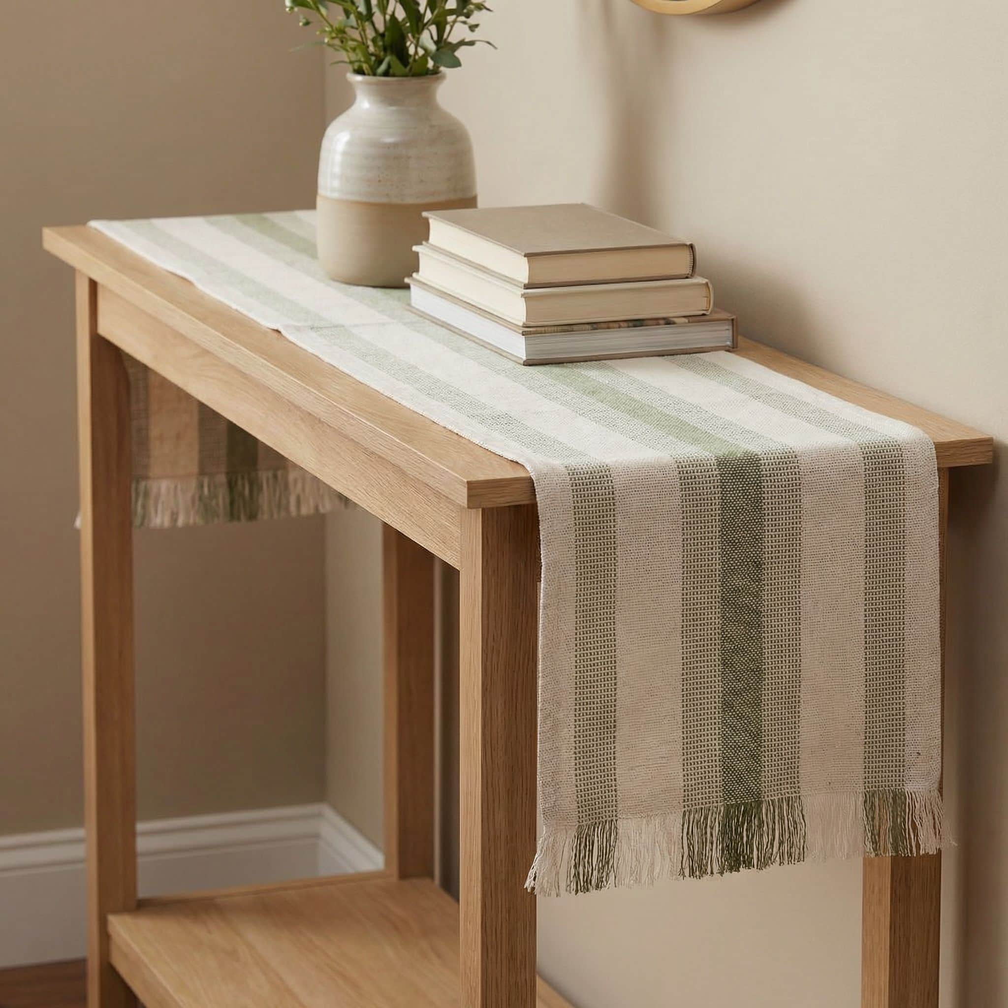 Ivory & Green Cotton Table Runner – Farmhouse Inspired Washable Dining Runner | 14" x 72"