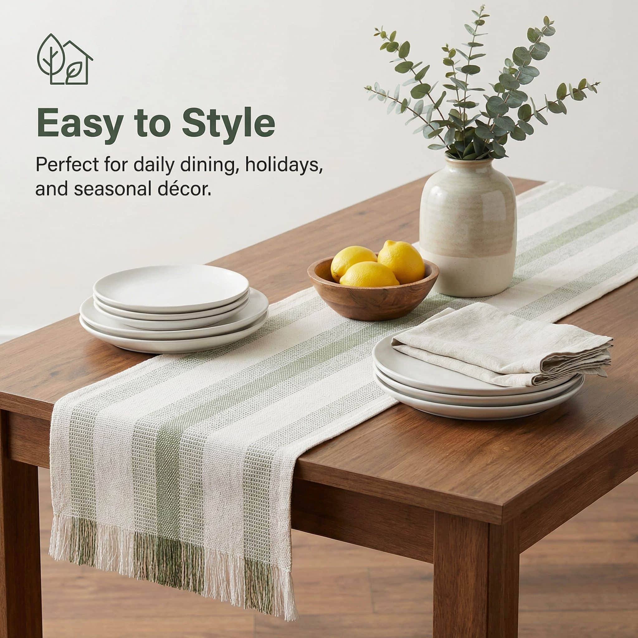 Ivory & Green Cotton Table Runner – Farmhouse Inspired Washable Dining Runner | 14" x 72"