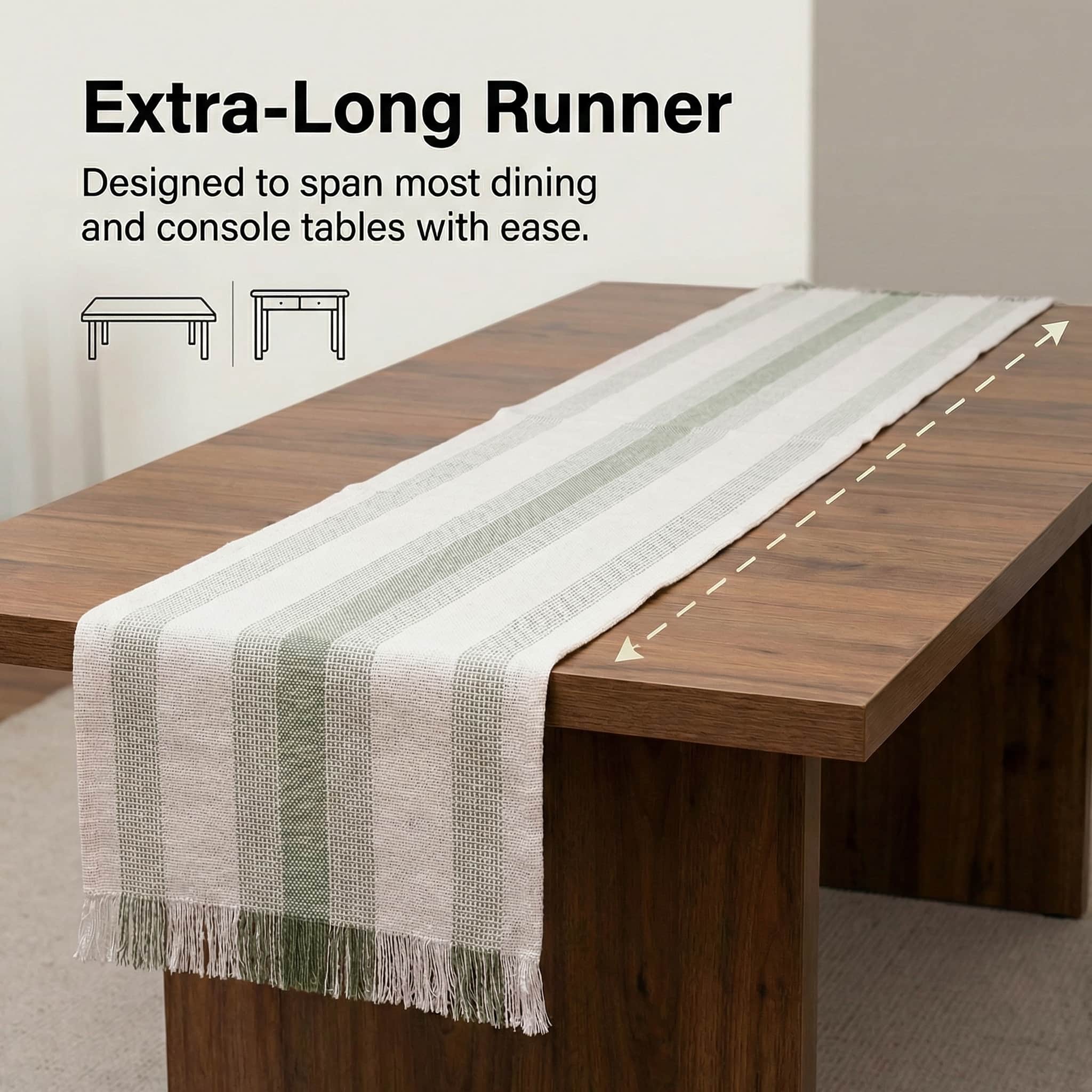 Ivory & Green Cotton Table Runner – Farmhouse Inspired Washable Dining Runner | 14" x 72"