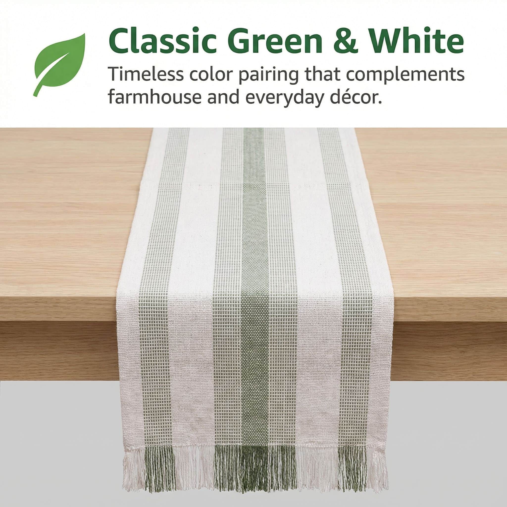 Ivory & Green Cotton Table Runner – Farmhouse Inspired Washable Dining Runner | 14" x 72"