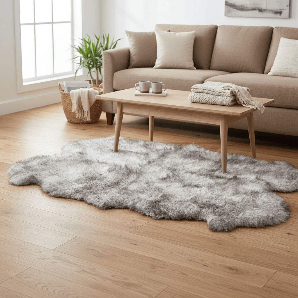 Living room with a gray rug, beige sofa, and wooden coffee table.  #size_4' x 6'