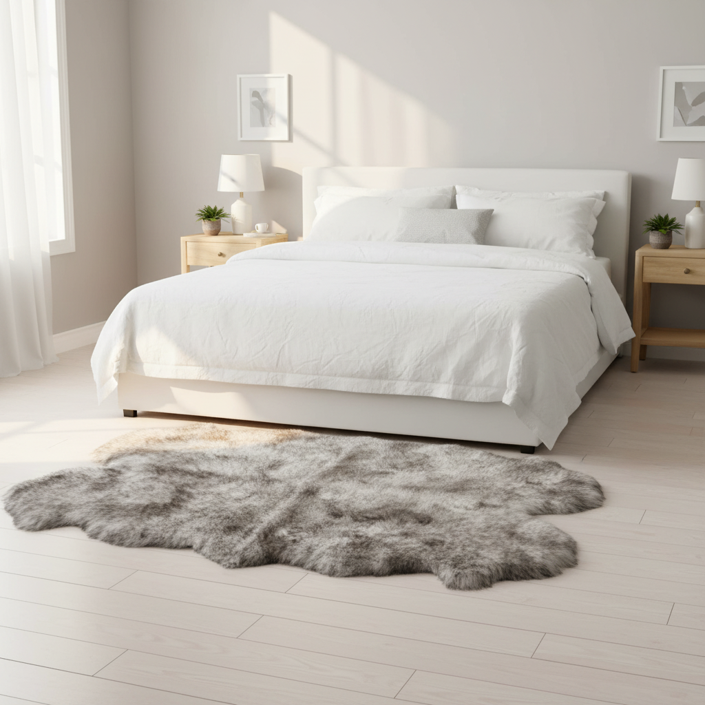 Bedroom with a white bed and gray rug on a light wooden floor.  #size_4' x 6'