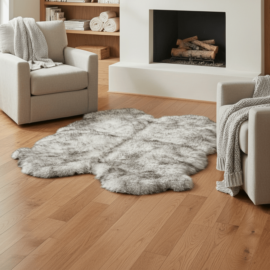 Living room with a gray faux fur rug on wooden floor, beige armchair, and fireplace. #size_4' x 6'