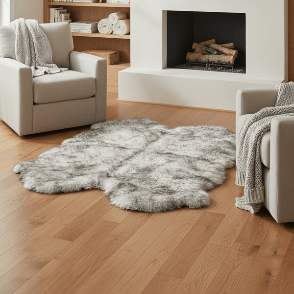 Living room with a gray faux fur rug on wooden floor, beige armchair, and fireplace #Size_Quarto (4-Pelt) 4' x 6'