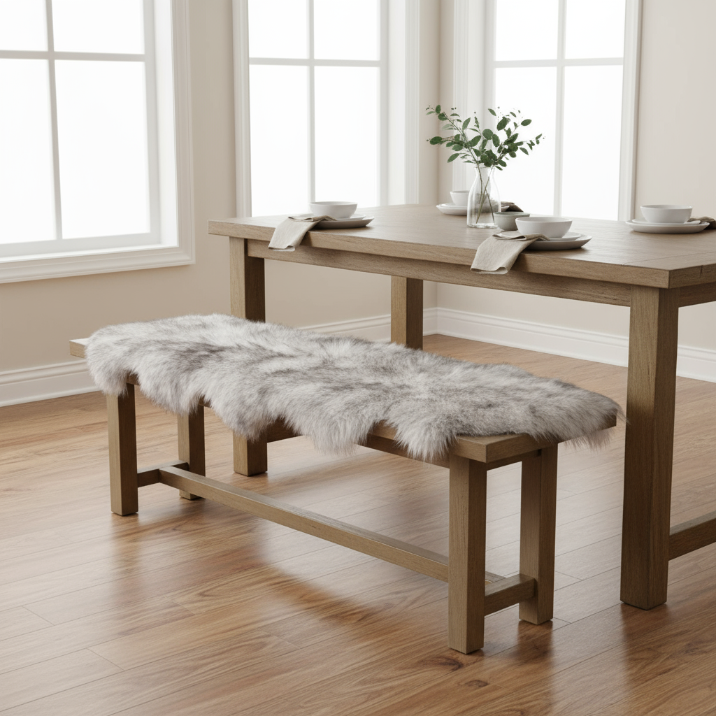 Wooden dining table with bench and fur cover in a bright room #size_2' x 6'