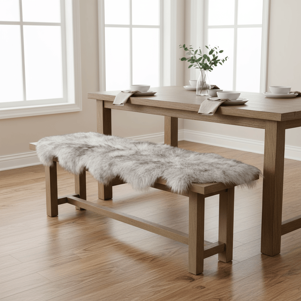 Wooden dining table with bench and fur cover in a bright room #size_2' x 6'