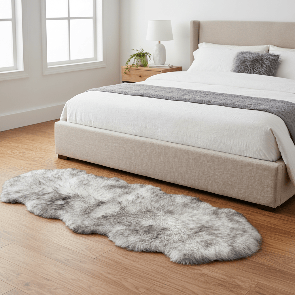 Gray fur rug on a wooden floor in front of a bed with white bedding and gray blanket.  #size_2' x 6'