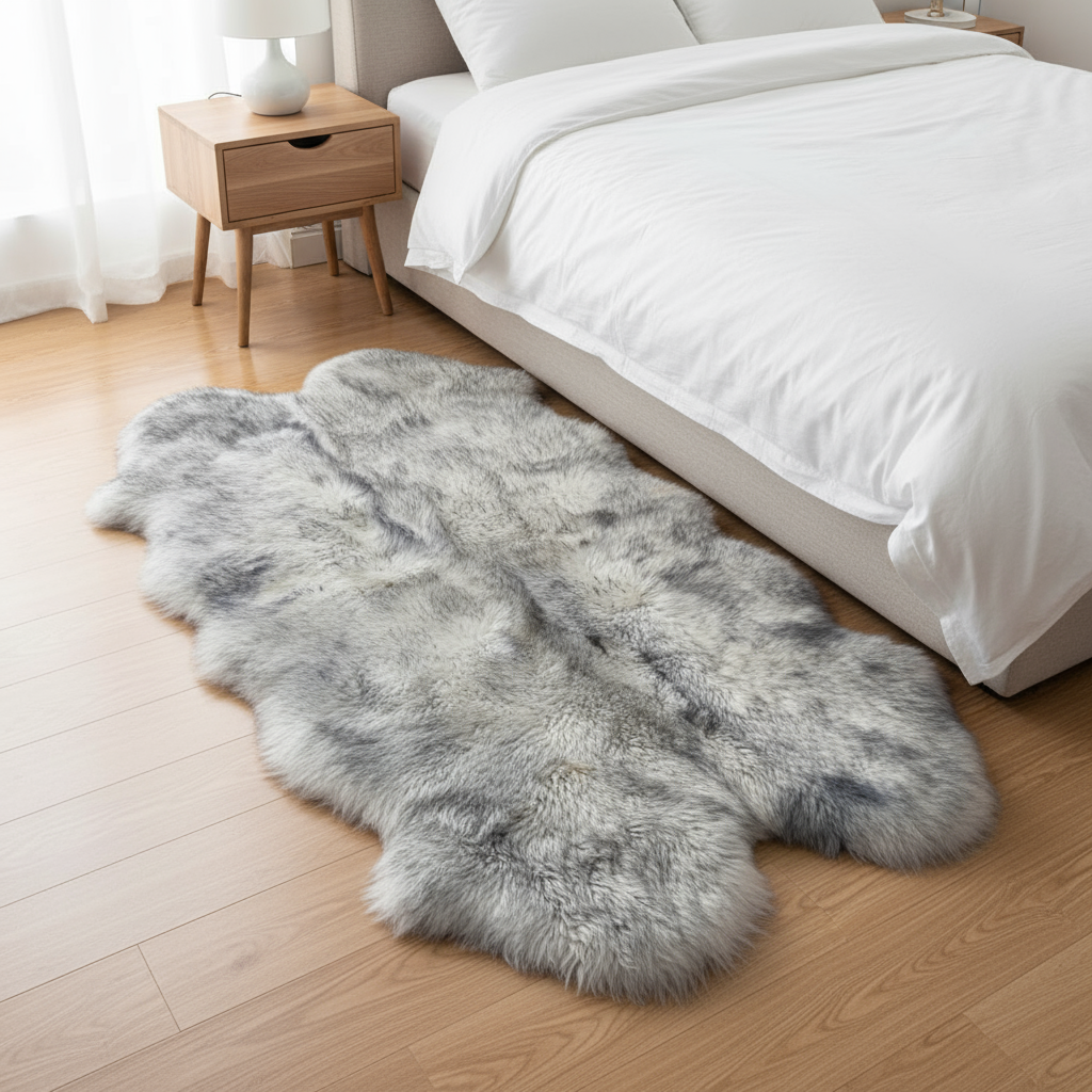 Gray fur rug on a wooden floor in a bedroom setting. #size_4' x 6'