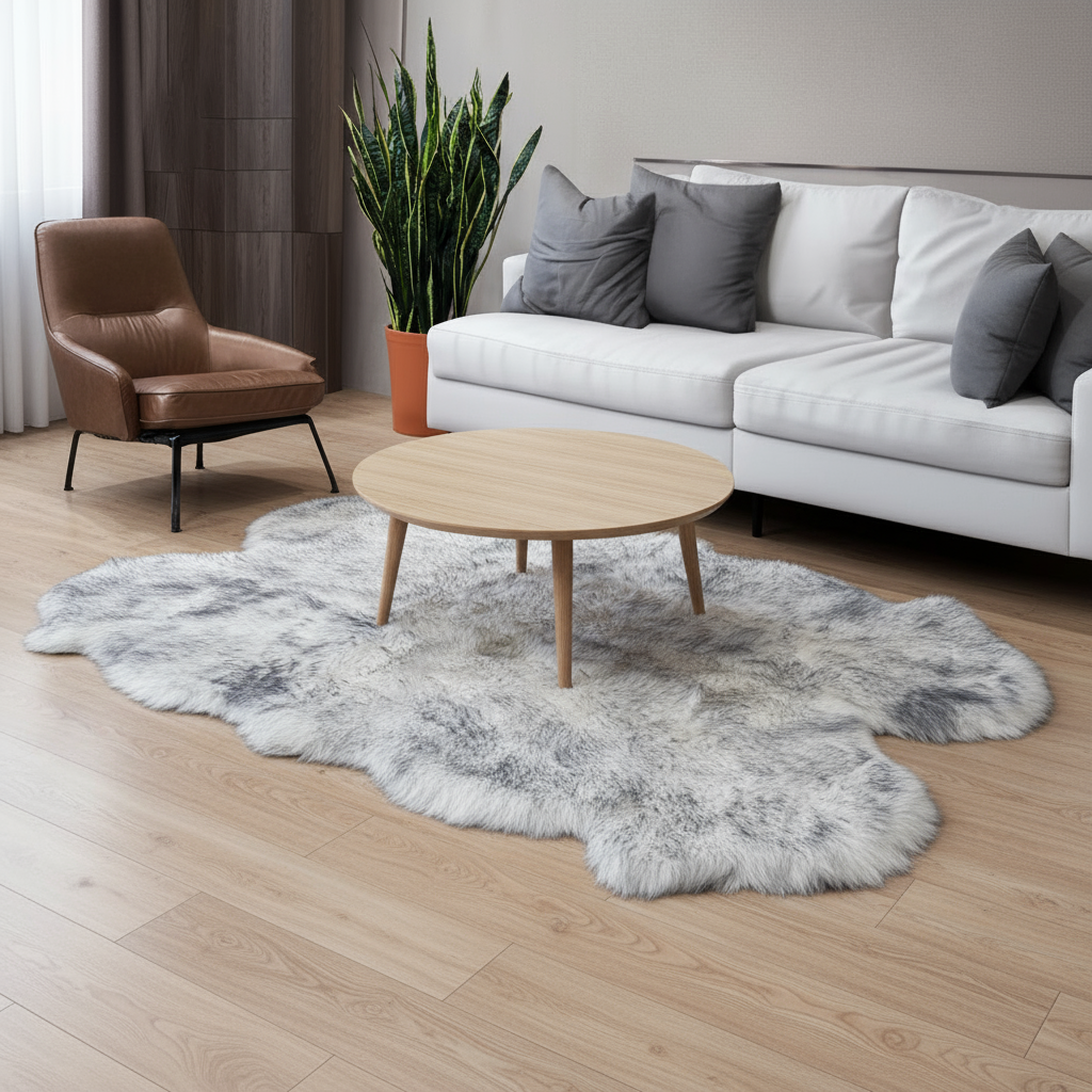 Modern living room with a white sofa, brown armchair, wooden coffee table, and gray rug. #size_4' x 6'