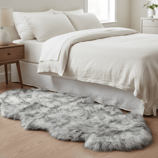 Gray fluffy rug on a wooden floor in front of a bed with white bedding #Size_Double (2-Pelt) 2' x 6'