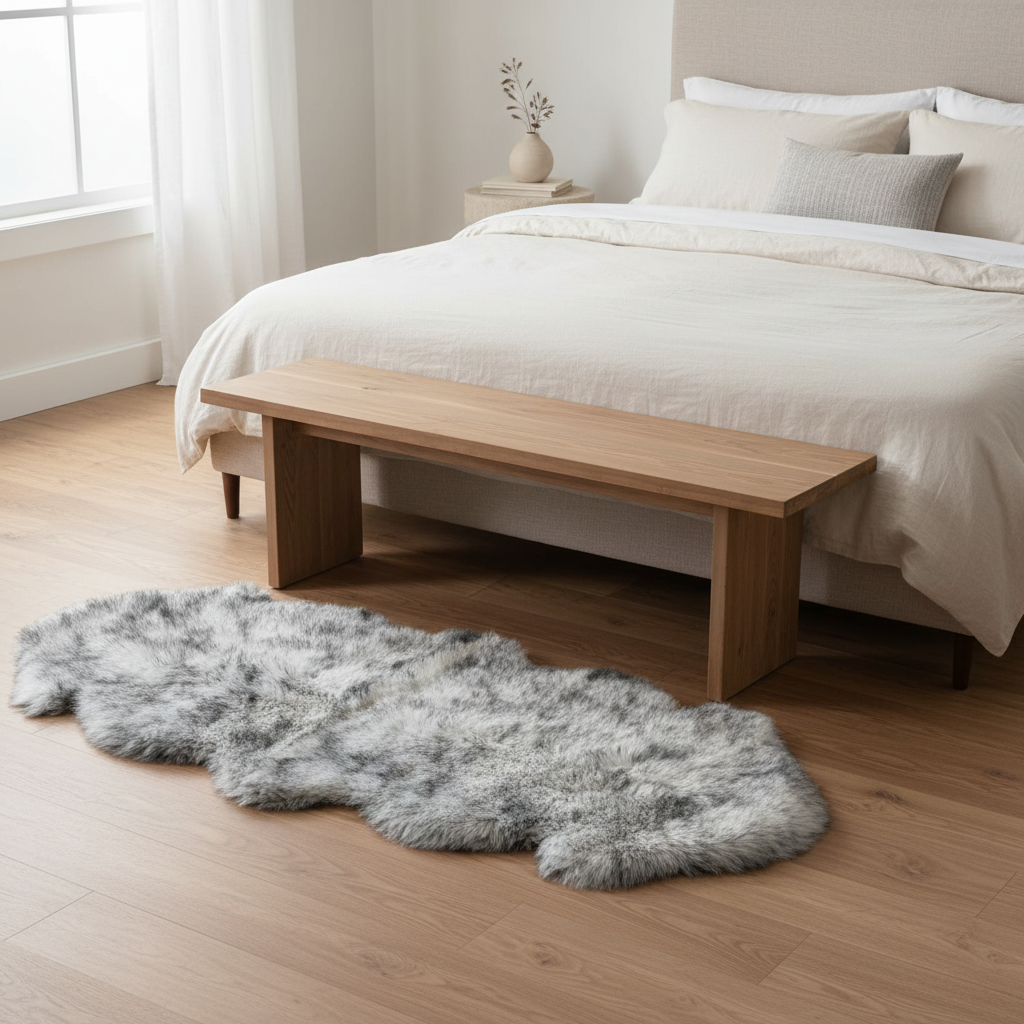 Wooden bench in front of a bed with a fluffy rug on the floor. #size_2' x 6'