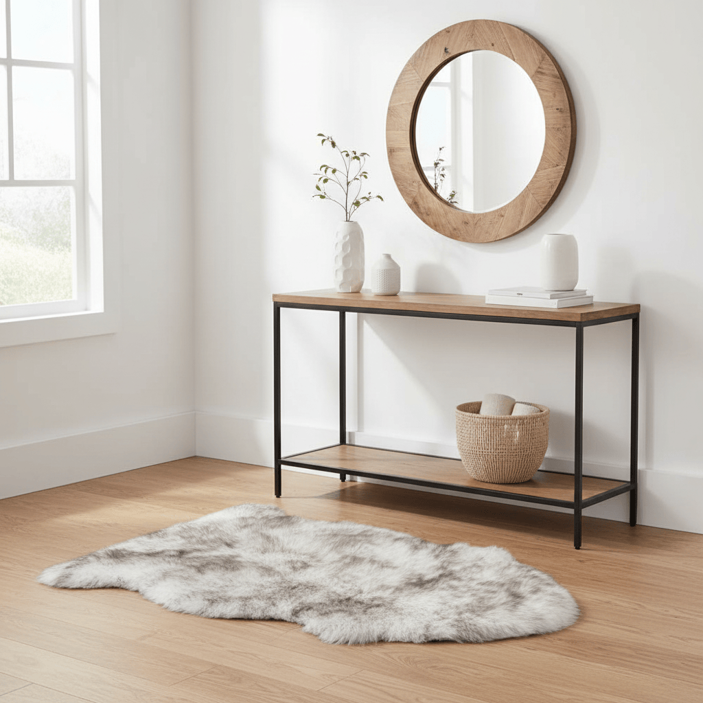 Console table with decorative items in a room with a round mirror and rug. #size_2' x 3'