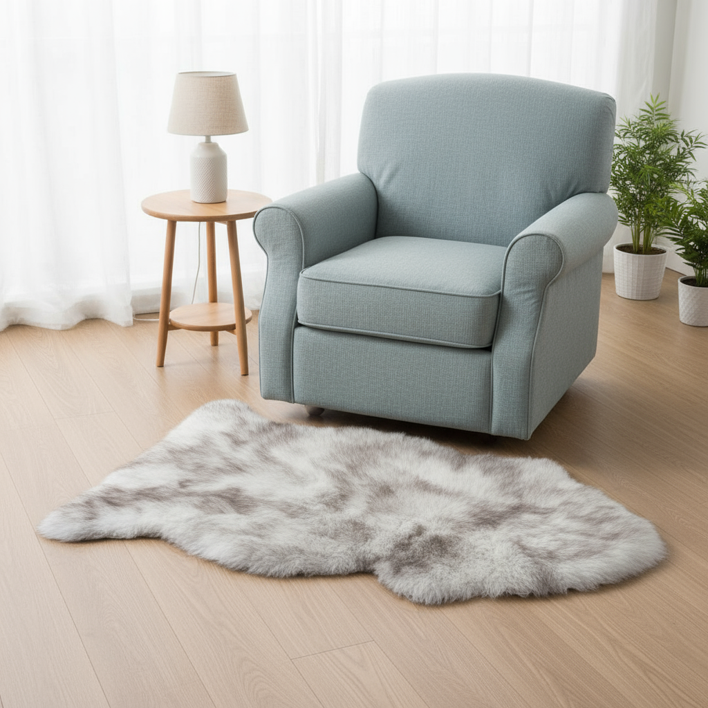 Light blue armchair in a room with a fluffy rug and side table. #size_2' x 3'