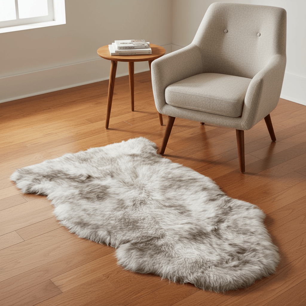 Fluffy rug on a wooden floor with a chair and small table in the background. #size_2' x 3'