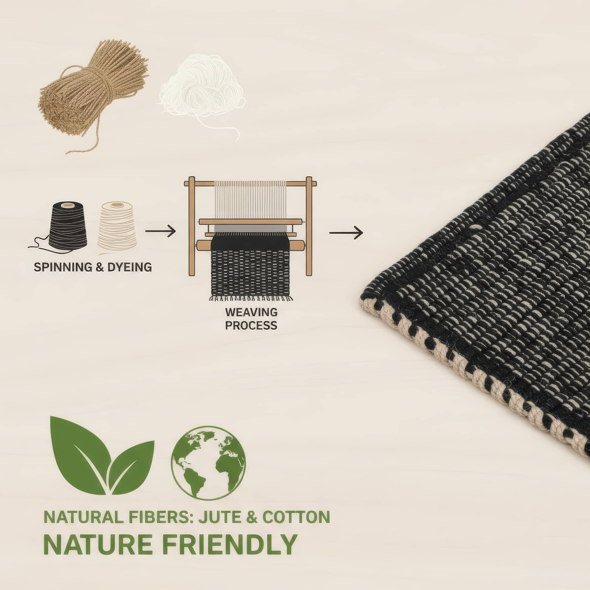 Black Jute & Cotton Woven Rug – Reversible Natural Farmhouse Area Rug | Terra Collection