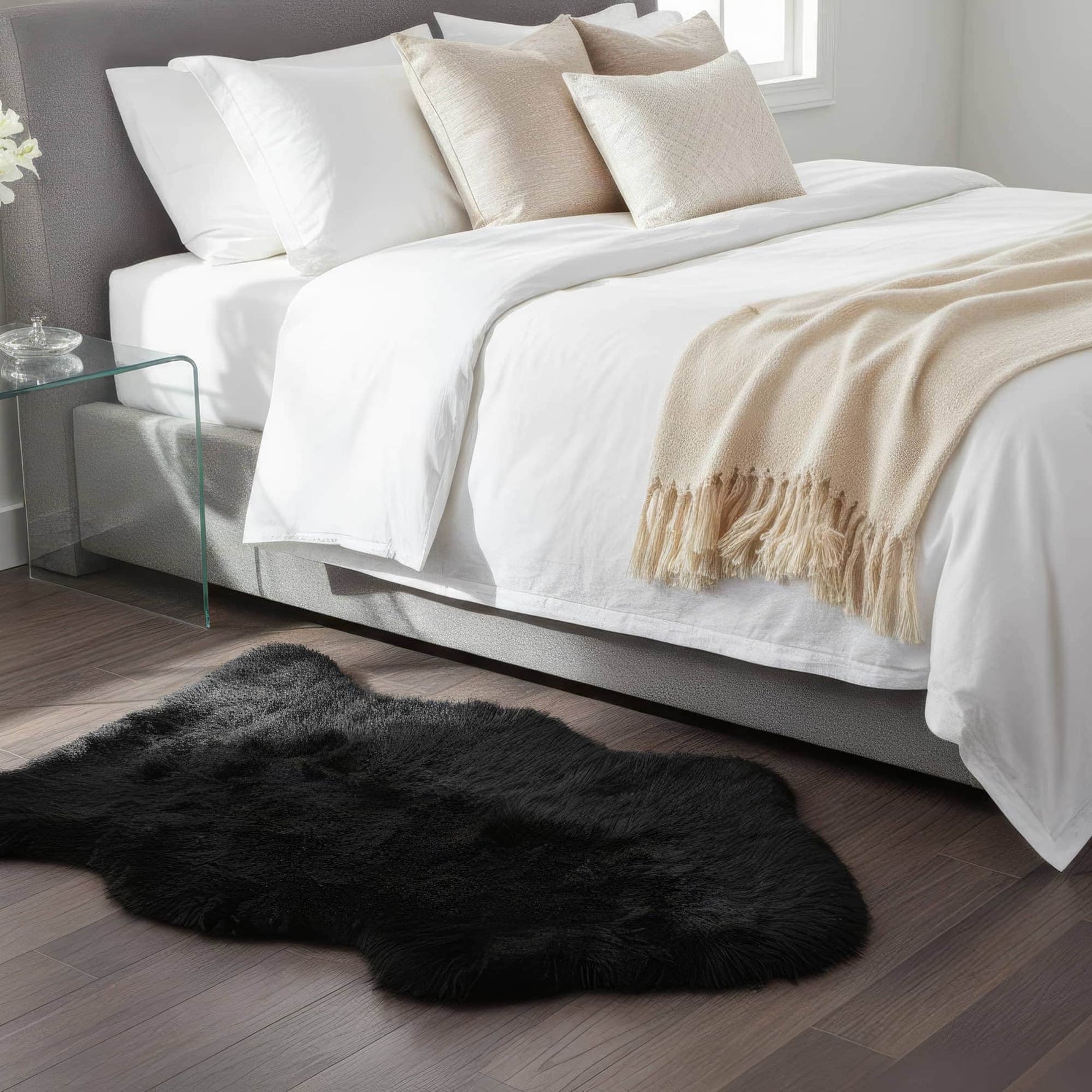 black sheepskin rug sheep skin fur carpet #size_2' x 3'