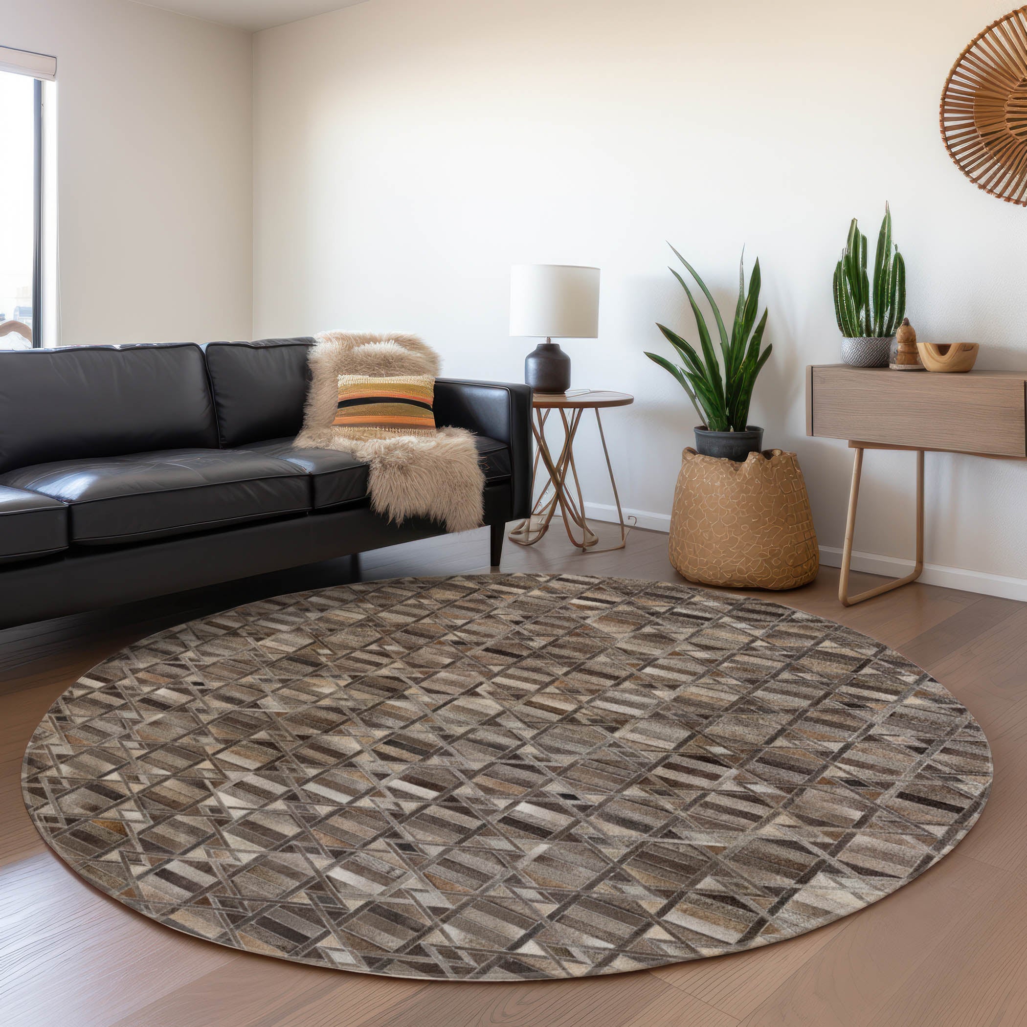 Luxury Washable Indoor/Outdoor Lodge BM4 Gray Rug 8' x 8' #shape_Round