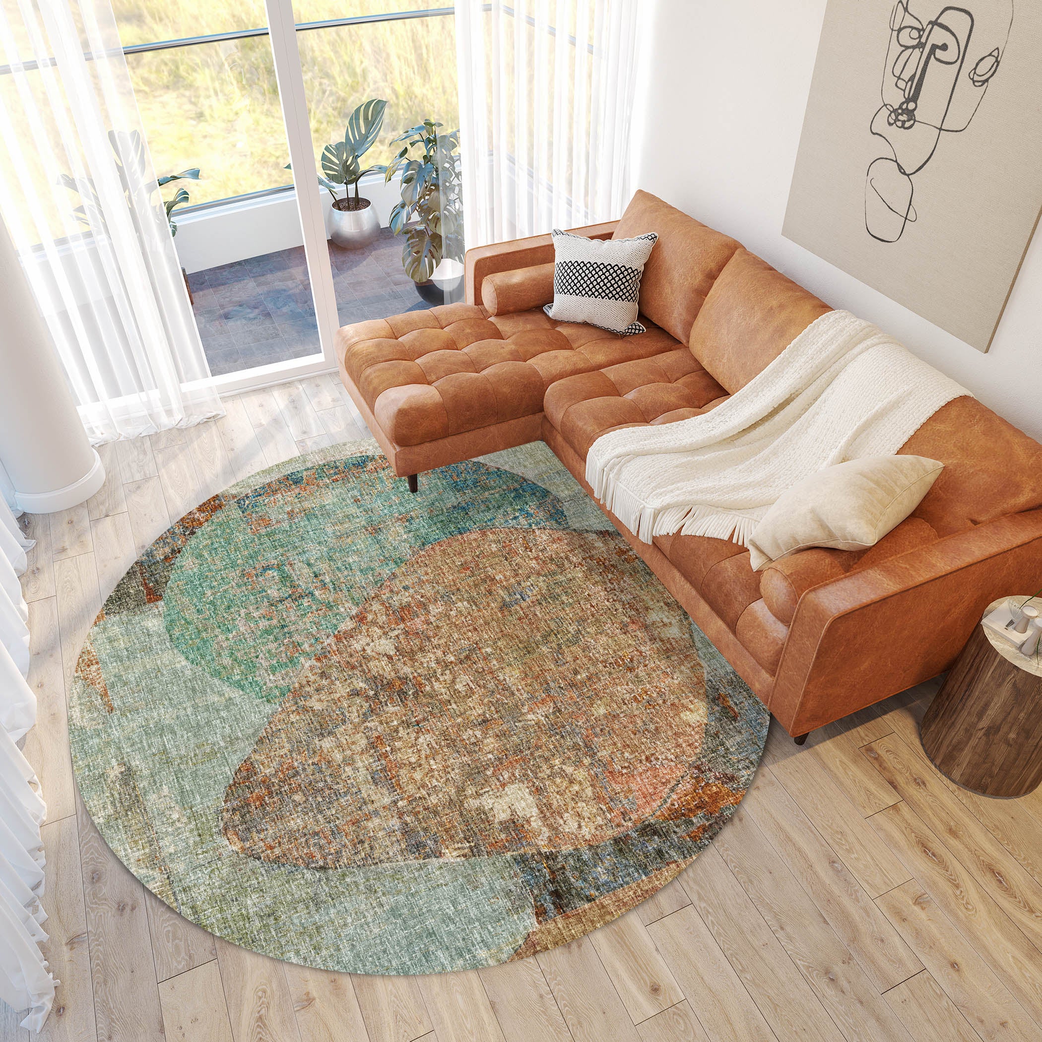 Luxury Washable Casual BO11 Teal Rug 8' x 8' #shape_Round