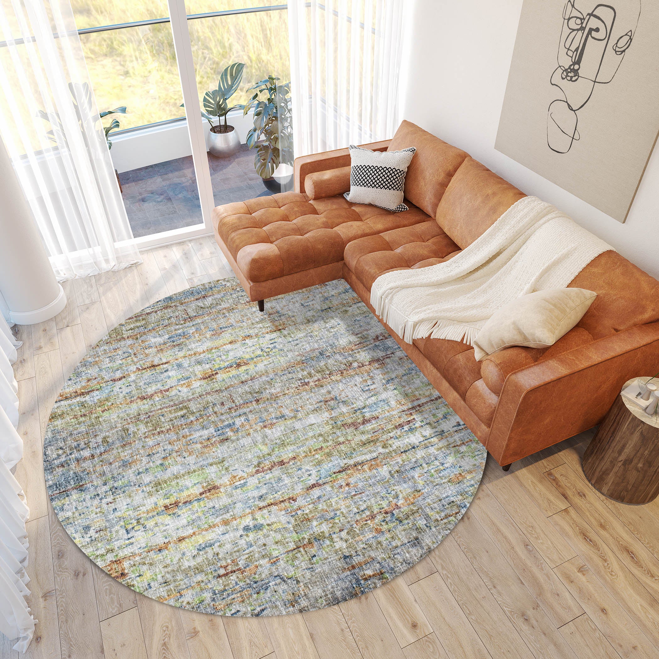 Luxury Washable Casual BO13 Putty Ivory Rug 8' x 8' #shape_Round