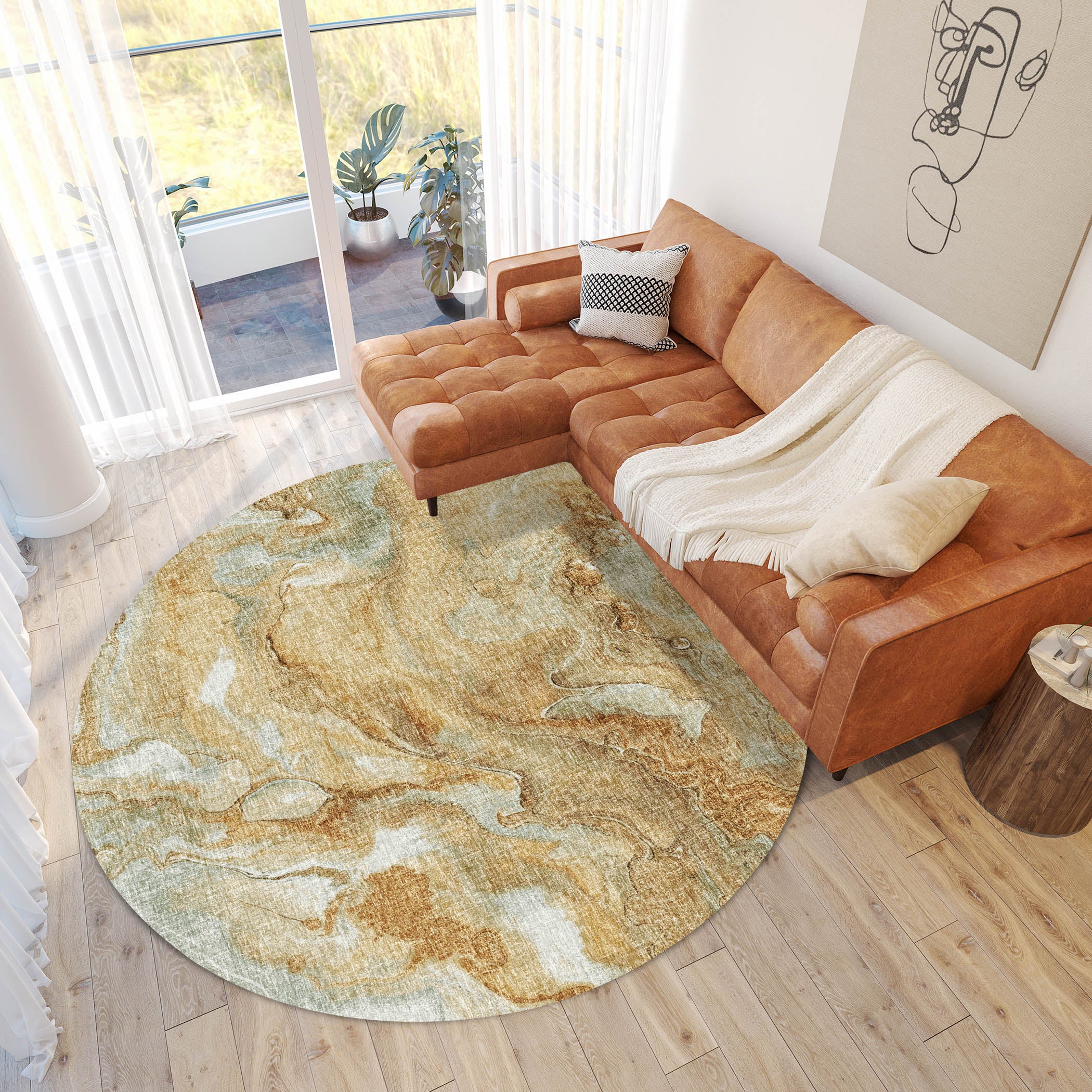 Luxury Washable Casual BO14 Copper Orange Rug 8' x 8' #shape_Round