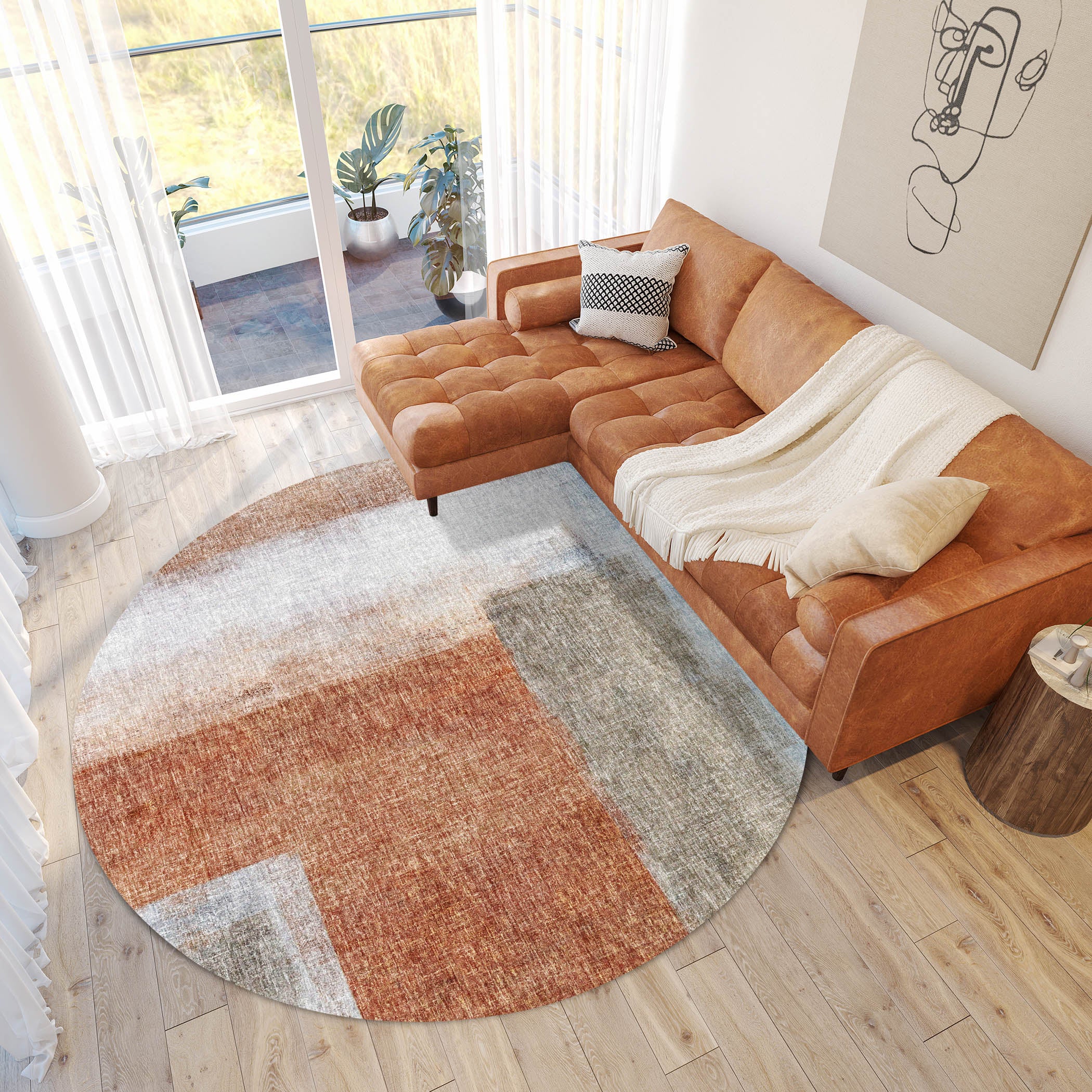 Luxury Washable Casual BO1 Salmon Orange Rug 8' x 8' #shape_Round