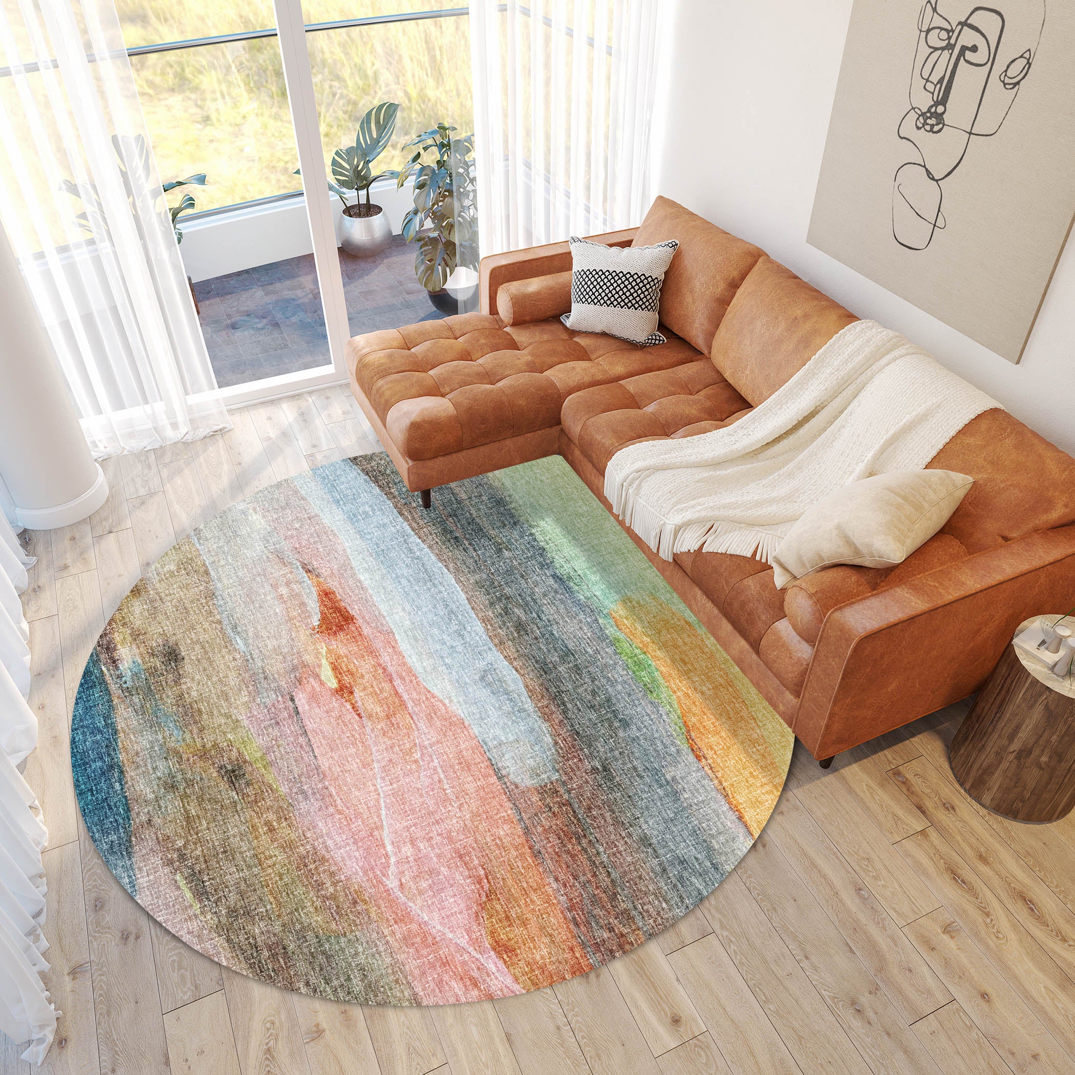 Luxury Washable Casual BO5 Salmon Orange Rug 8' x 8' #shape_Round