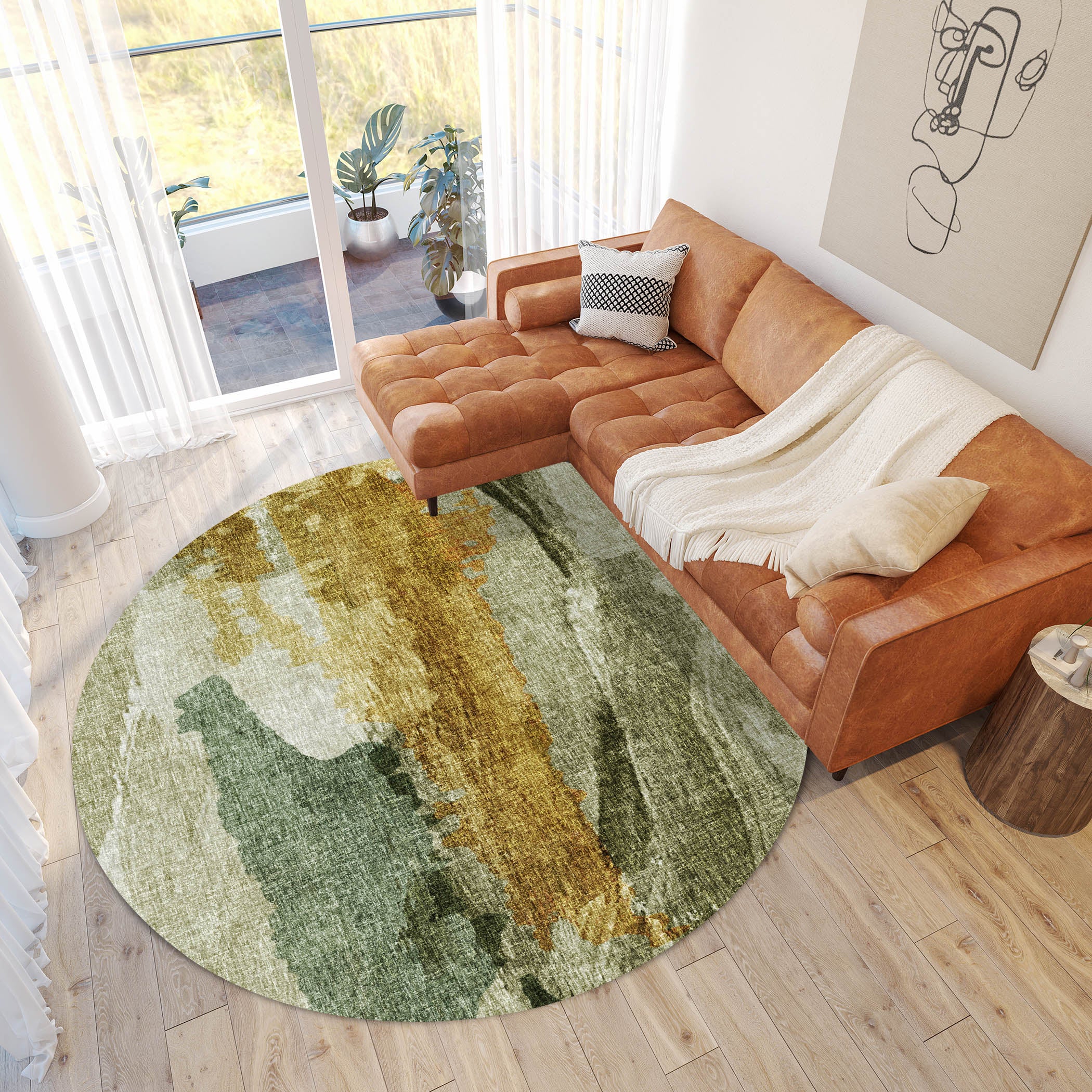 Luxury Washable Casual BO6 Aloe Green Rug 8' x 8' #shape_Round