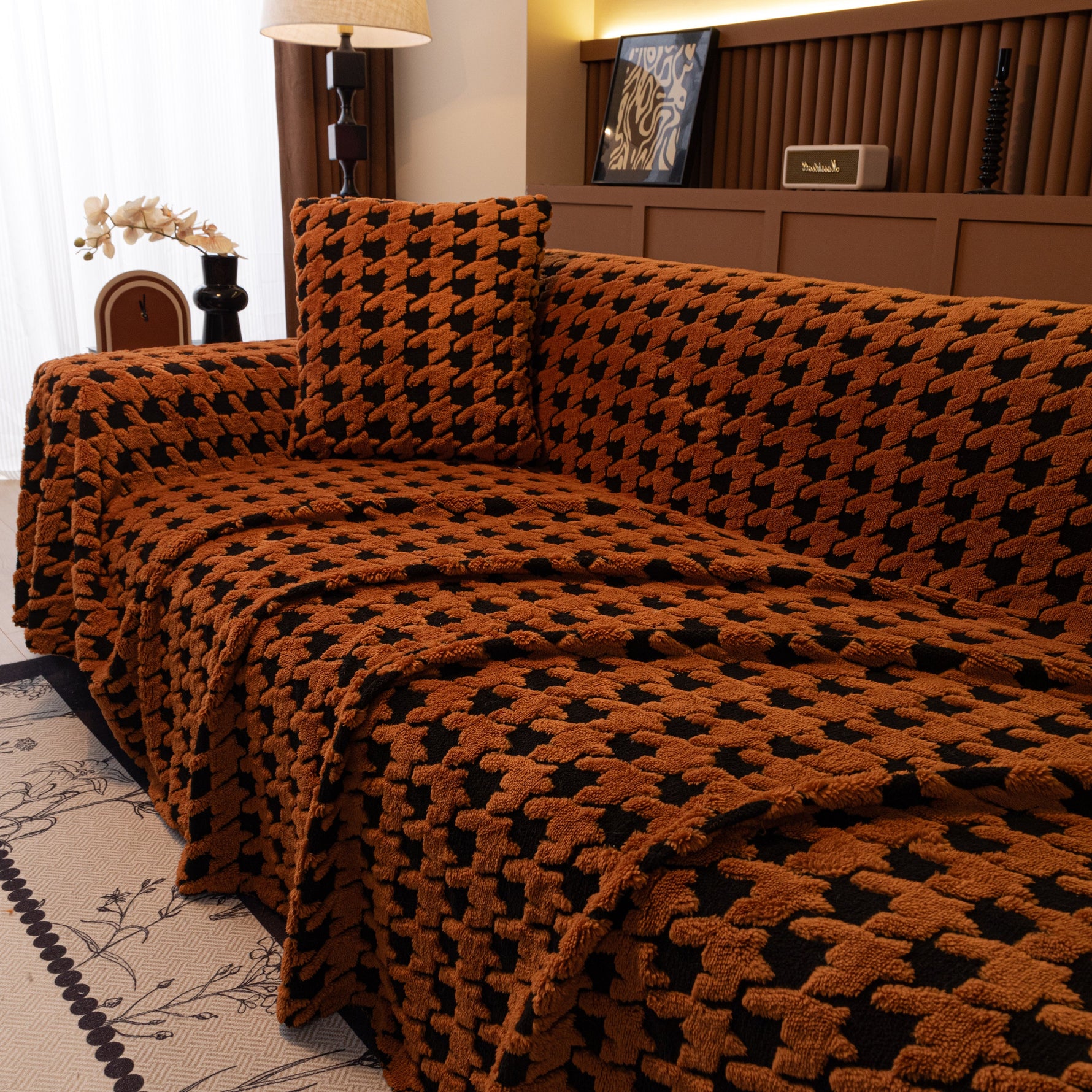 Jacquard Fleece Houndstooth Warm Cozy Couch Cover Blanket Decorative Throws for Sofas