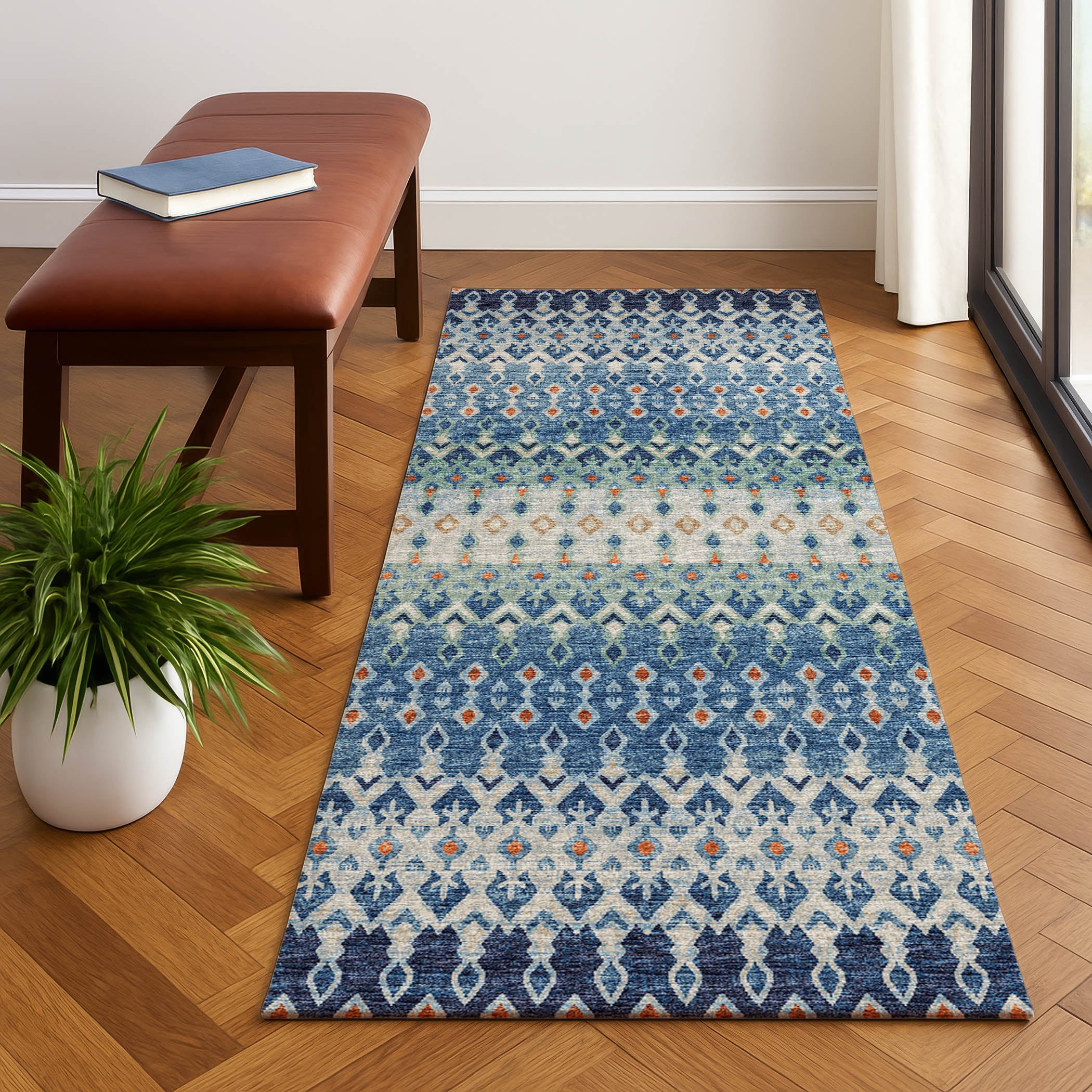 Luxury Machine Washable Indoor/Outdoor Casual BR1 Indigo Blue Rug 2'3" x 7'6" #shape_Runner